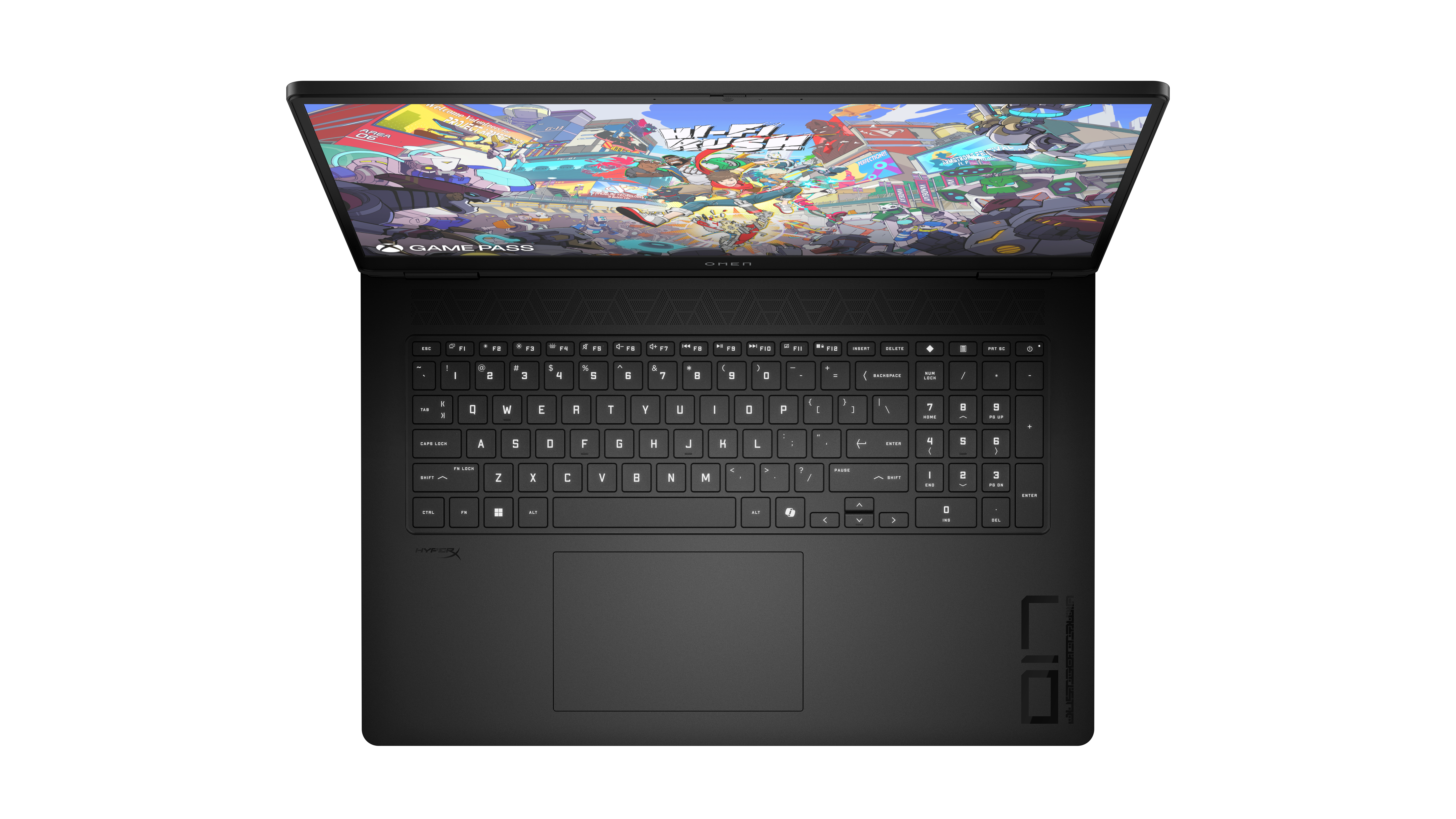 Otwarty czarny laptop wyświetlający kolorową grafikę gry i 