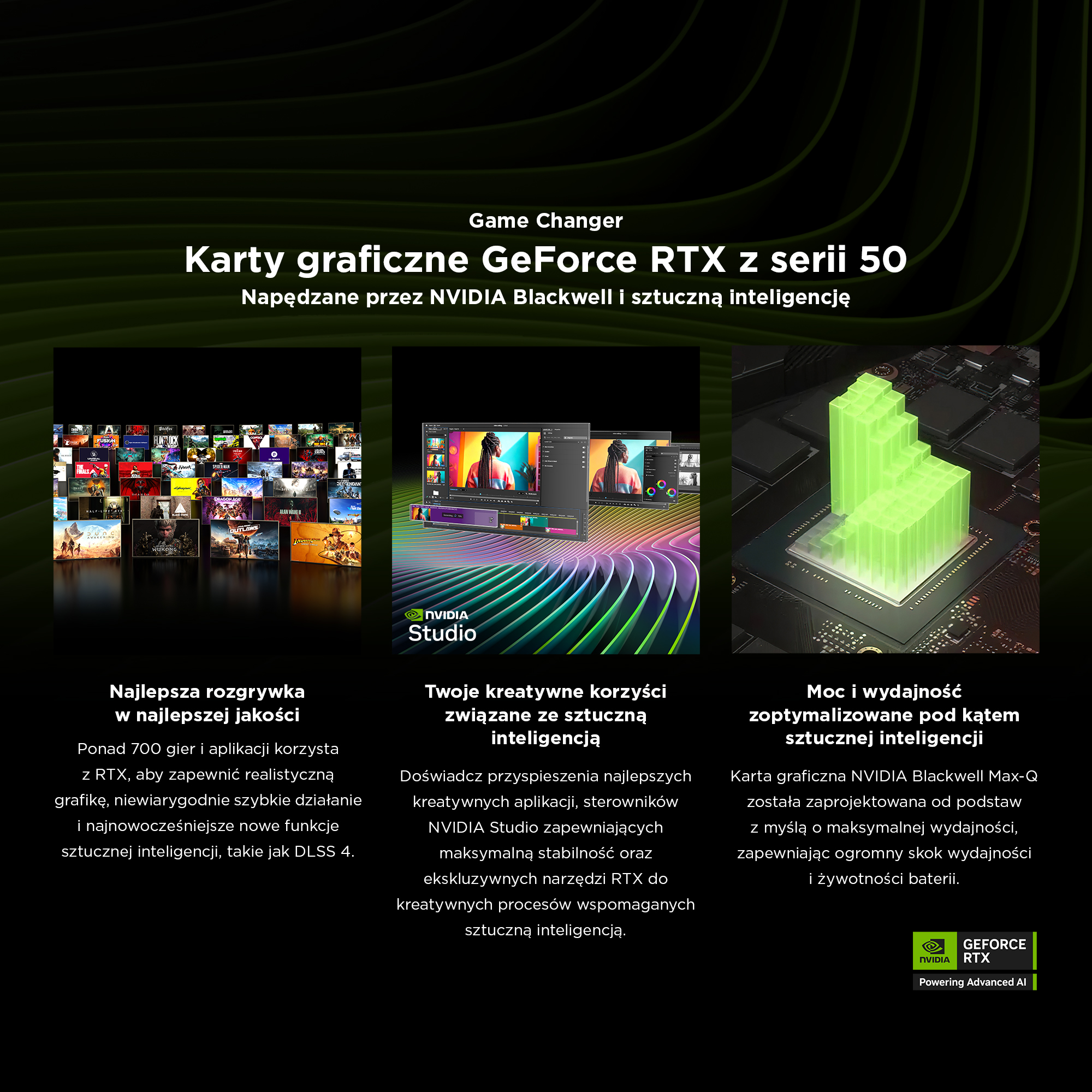 Karty graficzne NVIDIA RTX 50 z akceleracją AI, grami, studiem i wydajnością.