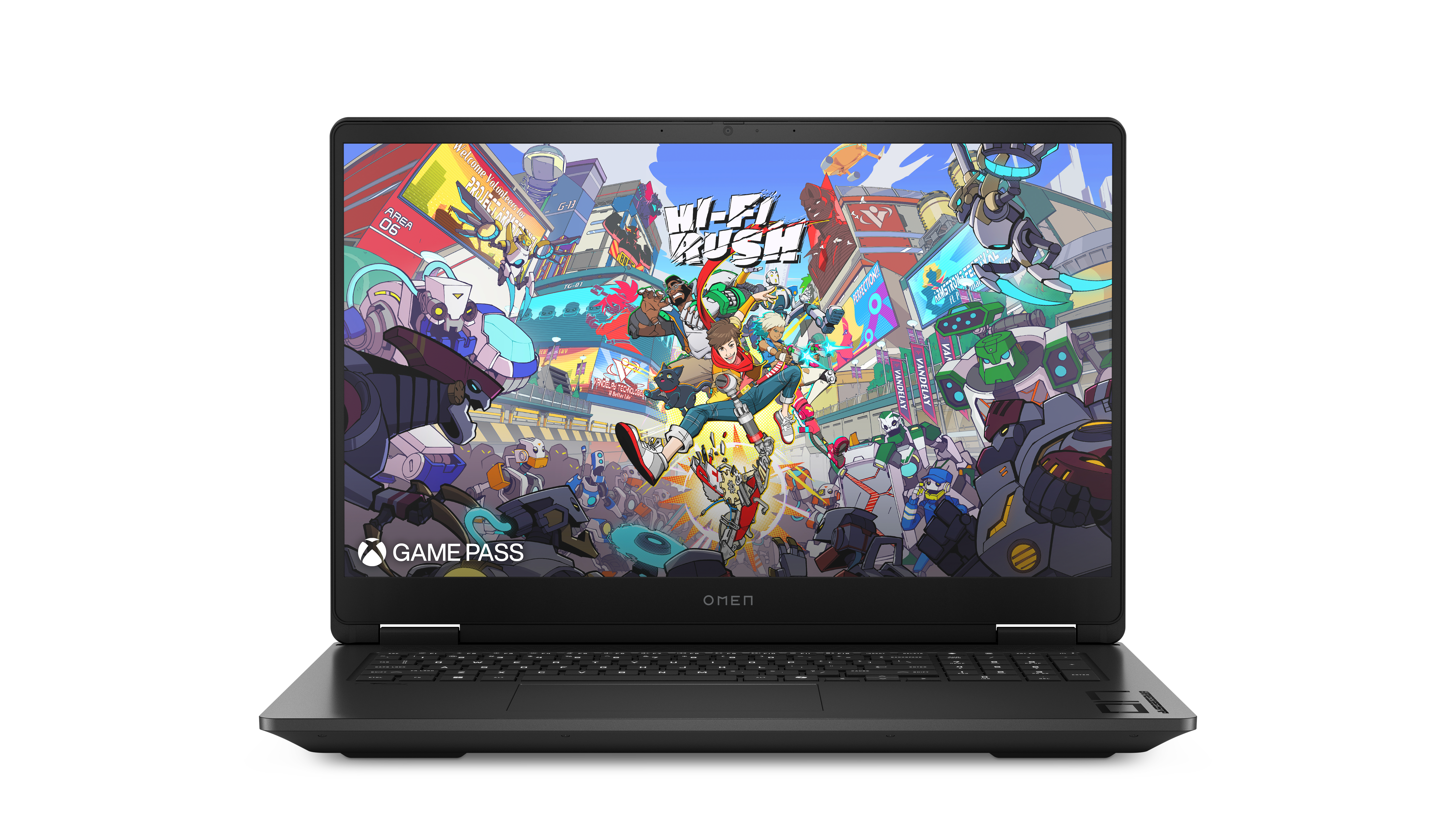 Laptop wyświetla grę „Hi-Fi Rush” z kolorowymi postaciami i robotami.