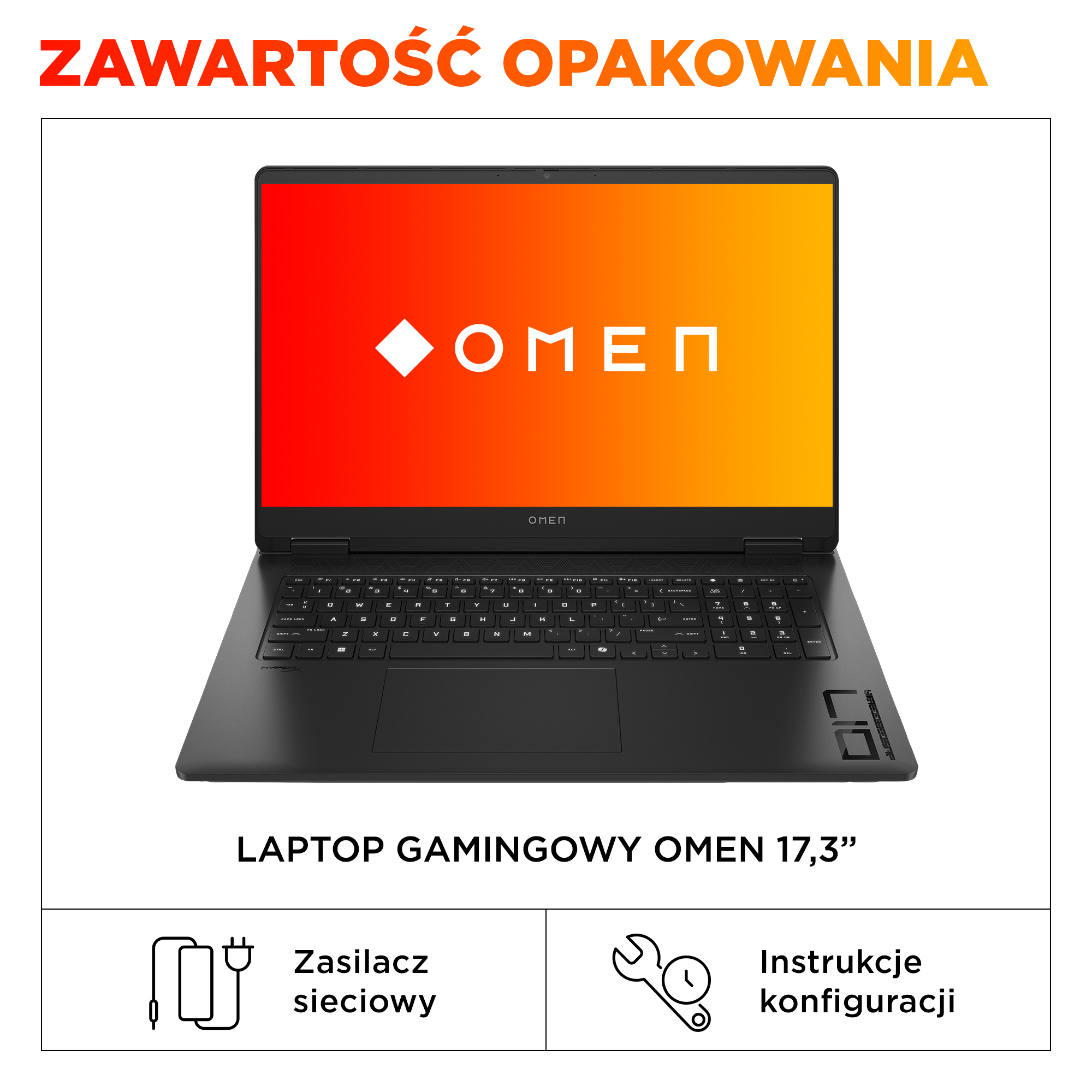 Czarny laptop gamingowy OMEN 17,3" z podświetlanym ekranem.