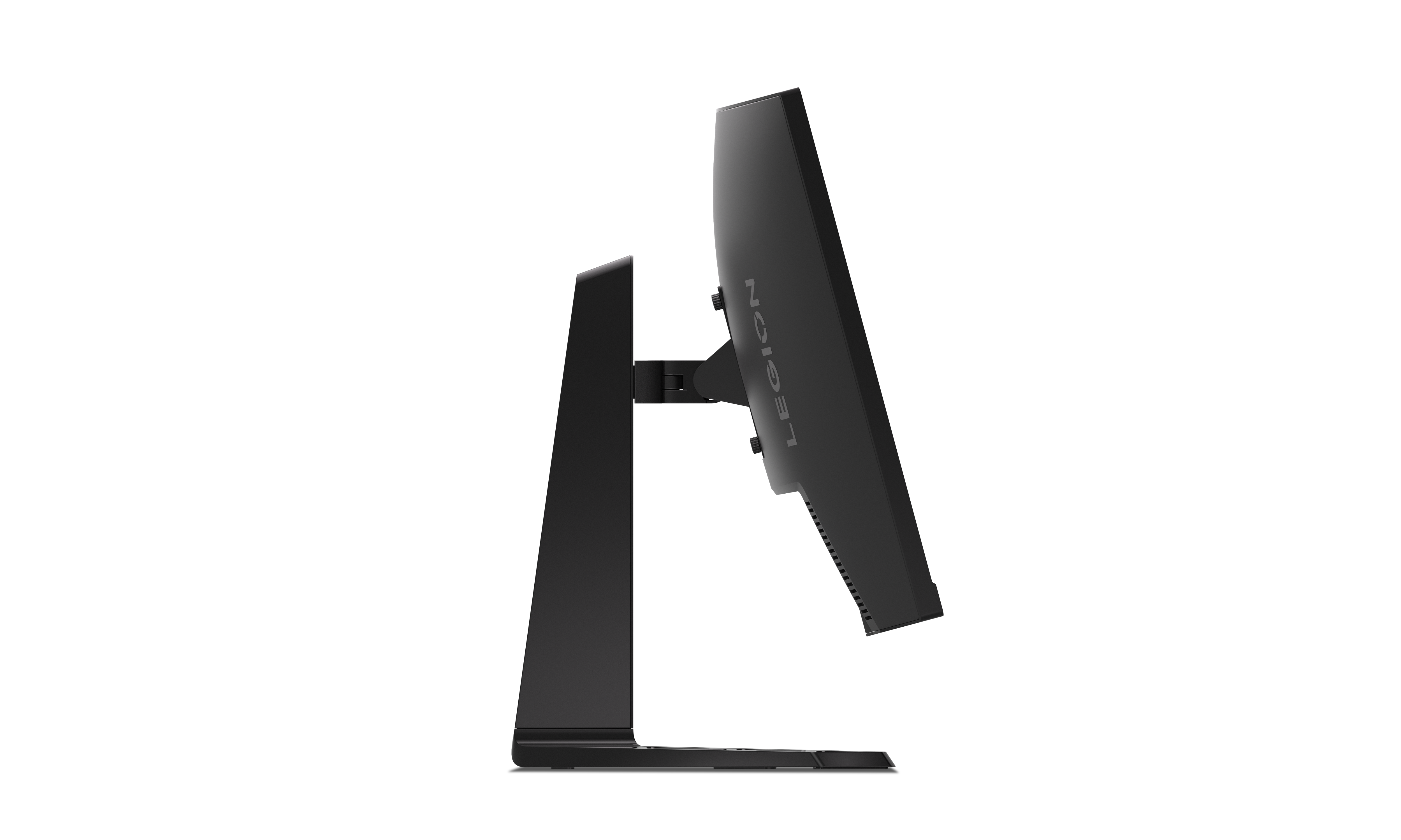 Czarny monitor na czarnym stojaku, widziany z boku.