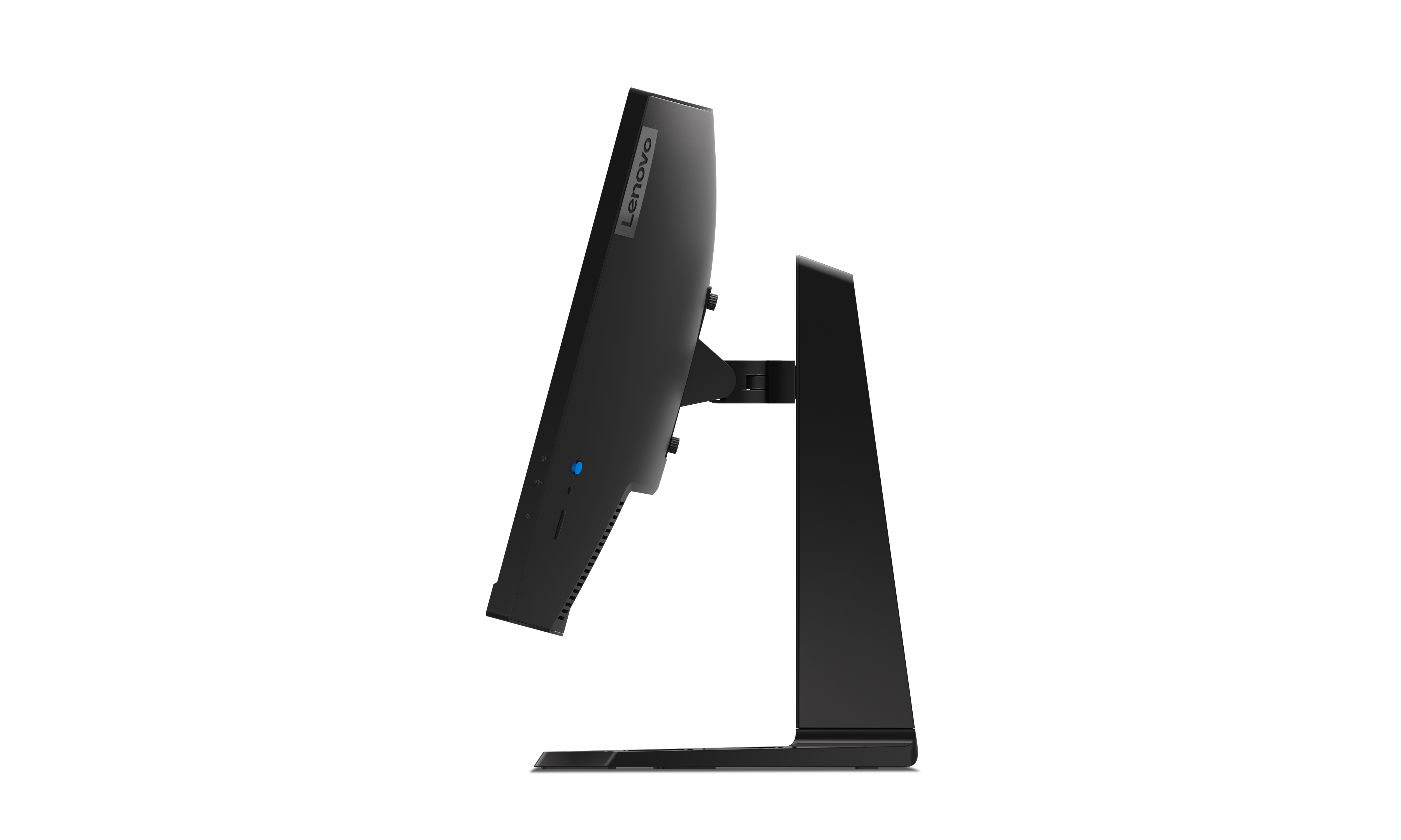 Czarny monitor Lenovo z boku ze stojakiem na czarnym tle.