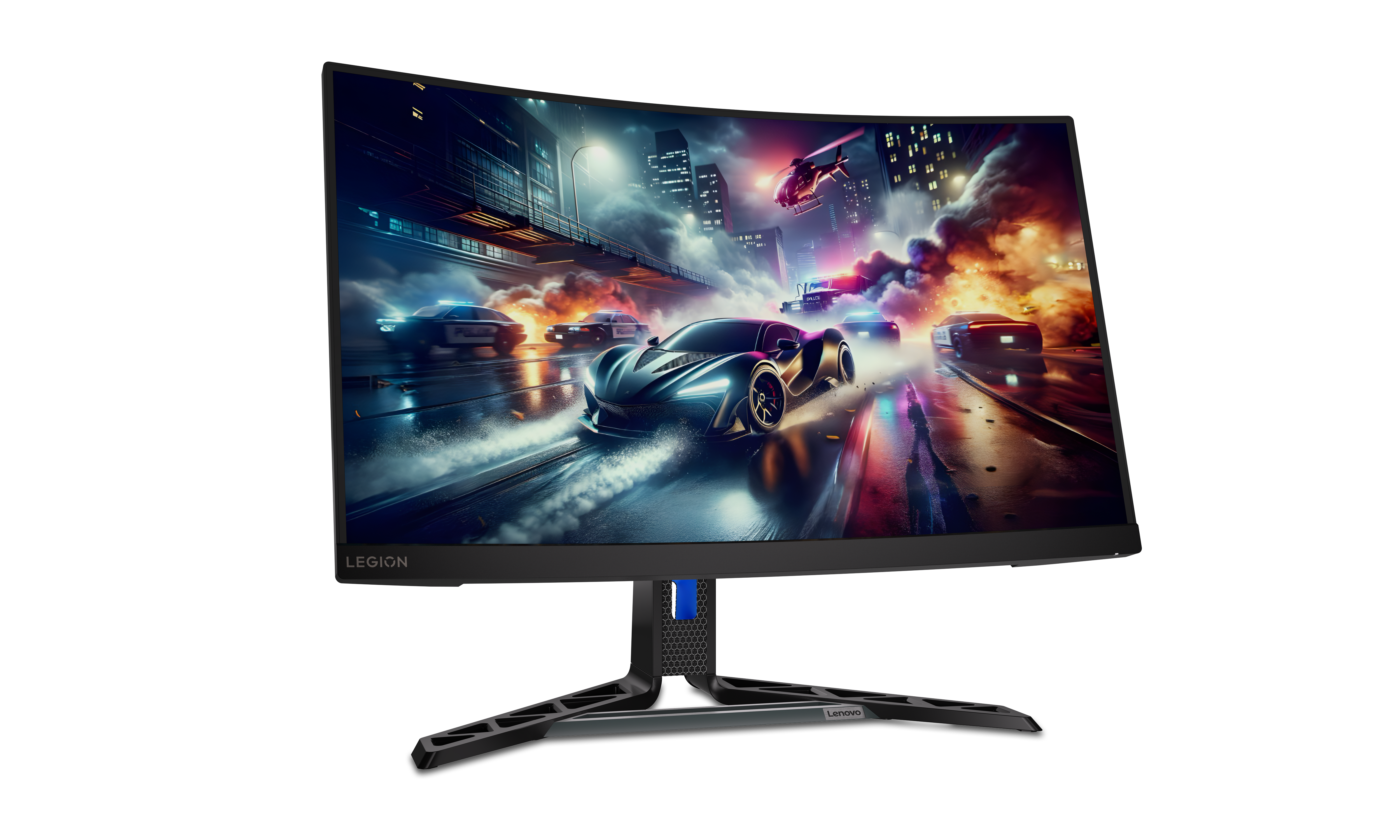 Scena gry wyścigowej z radiowozami i sportowym autem, nocą, deszcz.