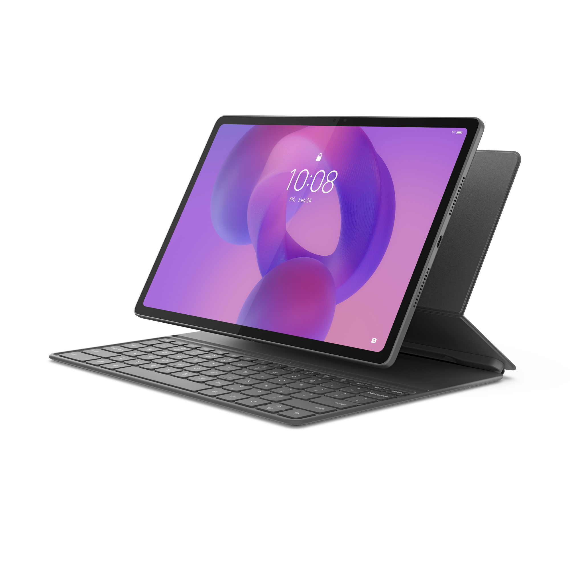 Tablet z podłączoną klawiaturą i fioletową tapetą.