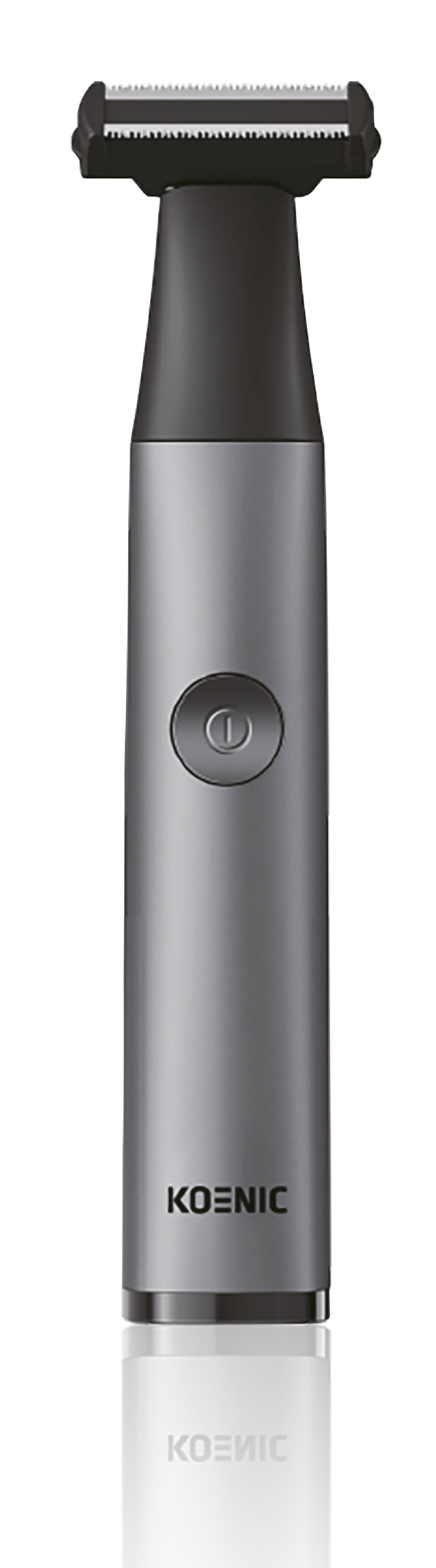 Srebrna golarka elektryczna z czarnym uchwytem i przyciskiem zasilania.