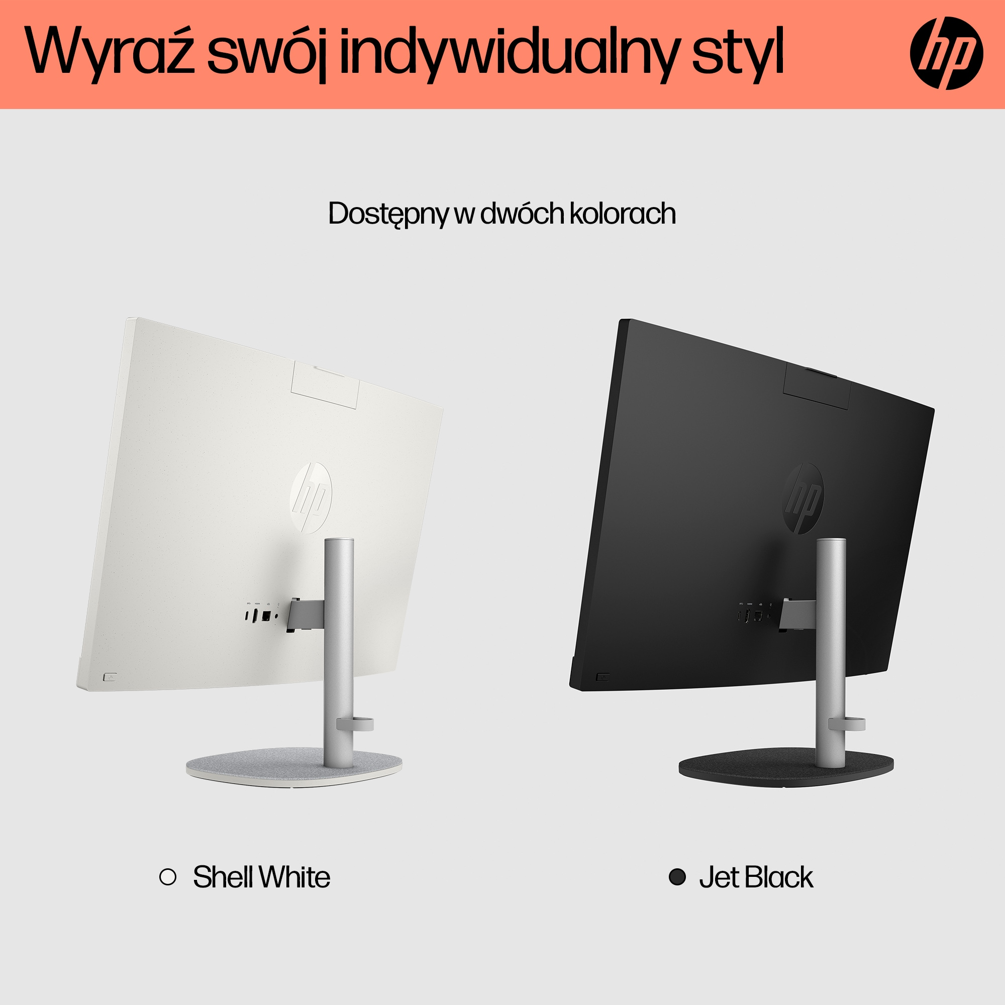 Dwa monitory HP obok siebie, jeden biały, jeden czarny.