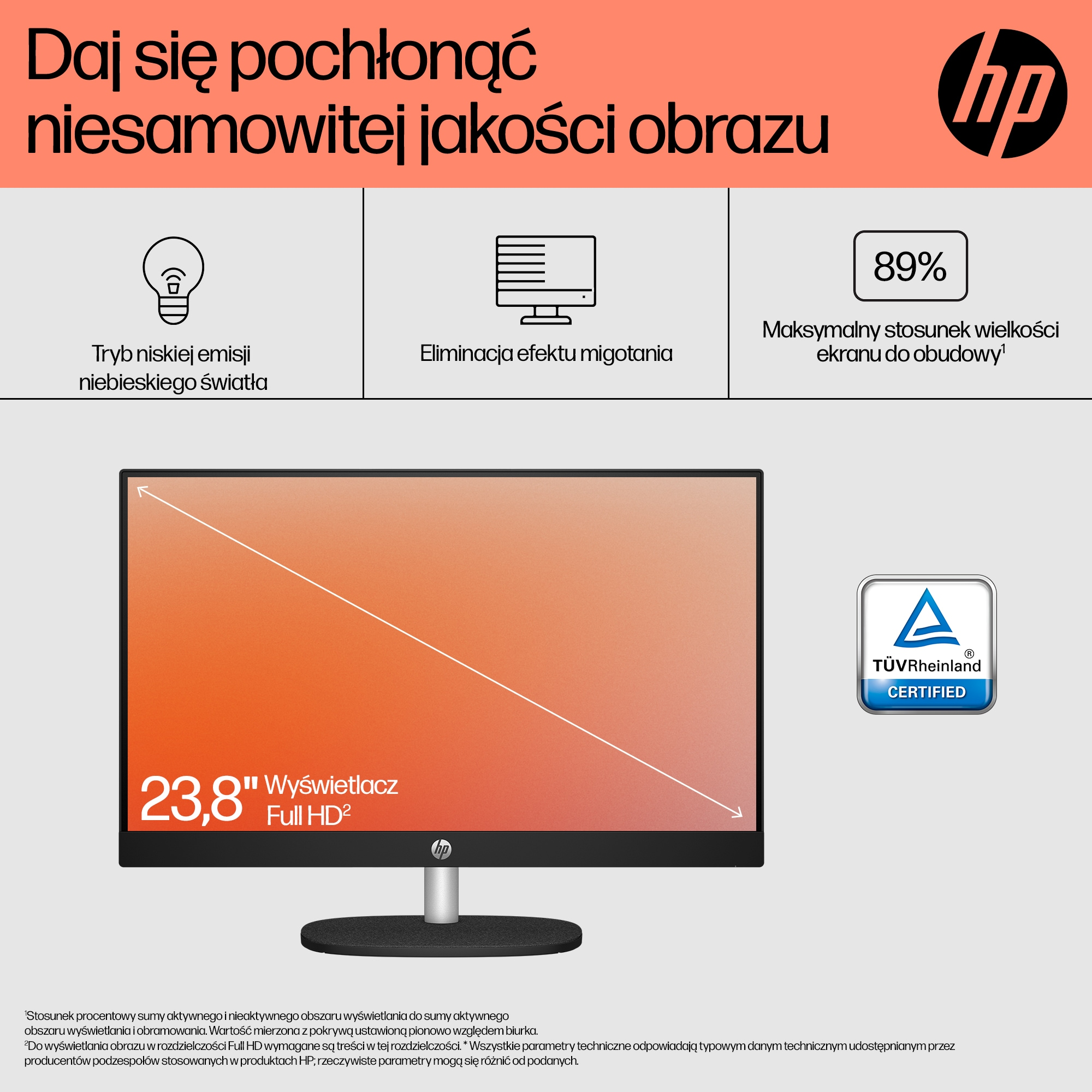 Monitor HP: 23,8" Full HD, niski poziom niebieskiego światła, bez migotania, 89% ekranu.
