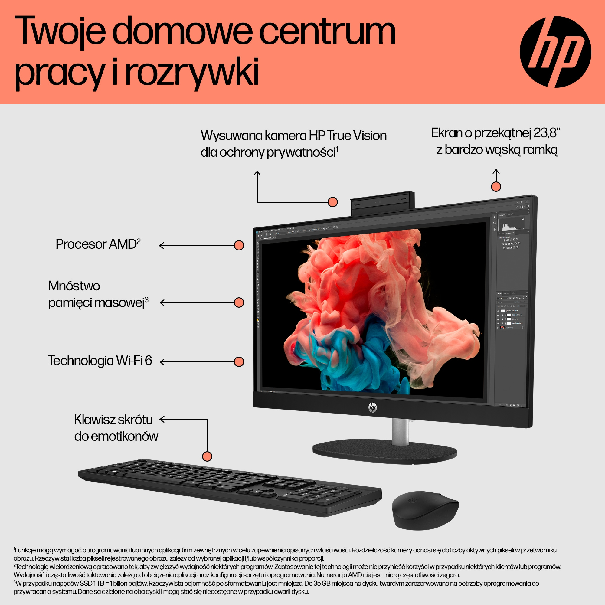 Komputer All-in-One HP z ekranem 23,8 cala, klawiaturą, myszą i wysuwaną kamerą.