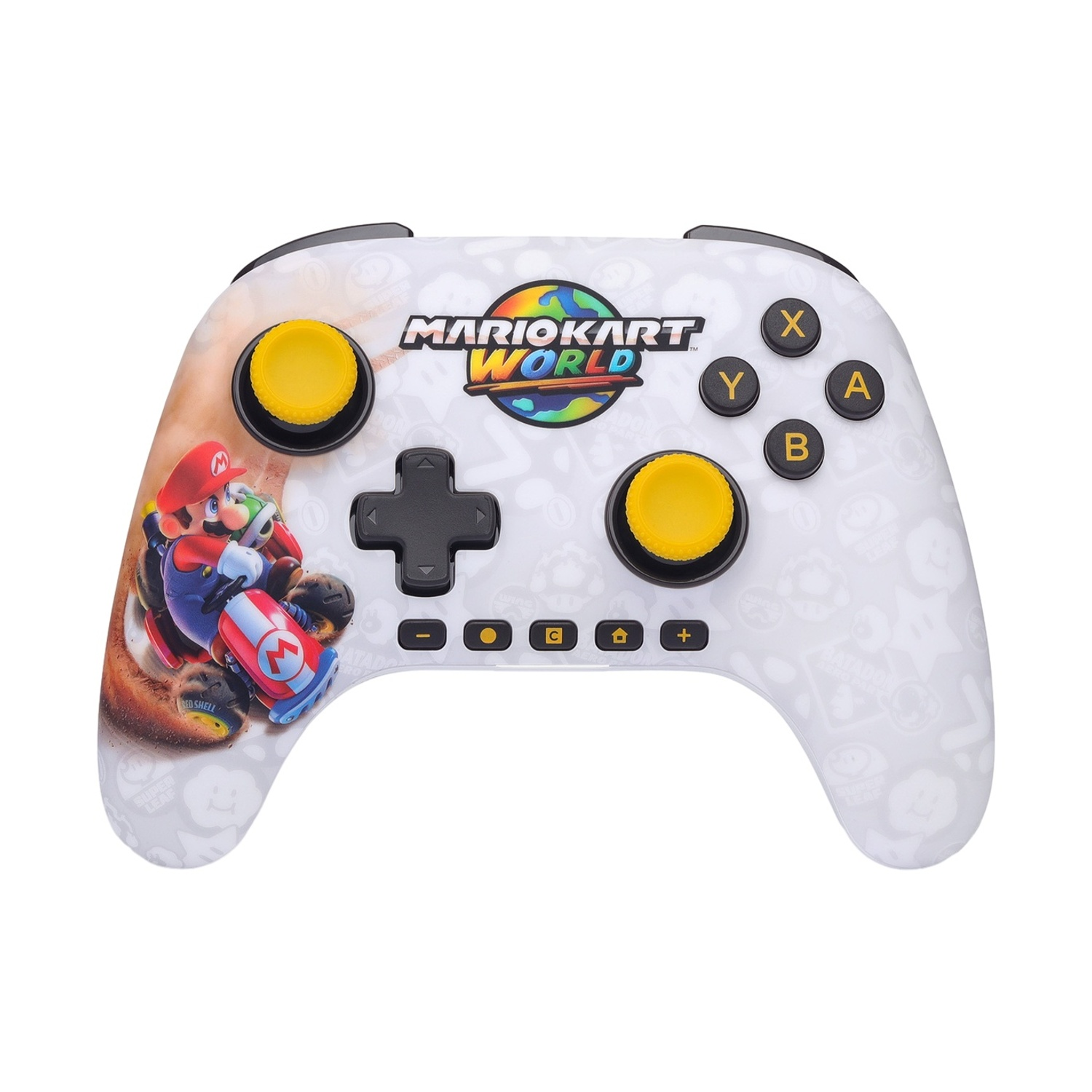 Un controller bianco con marchio Mario Kart World e grafica di Mario.