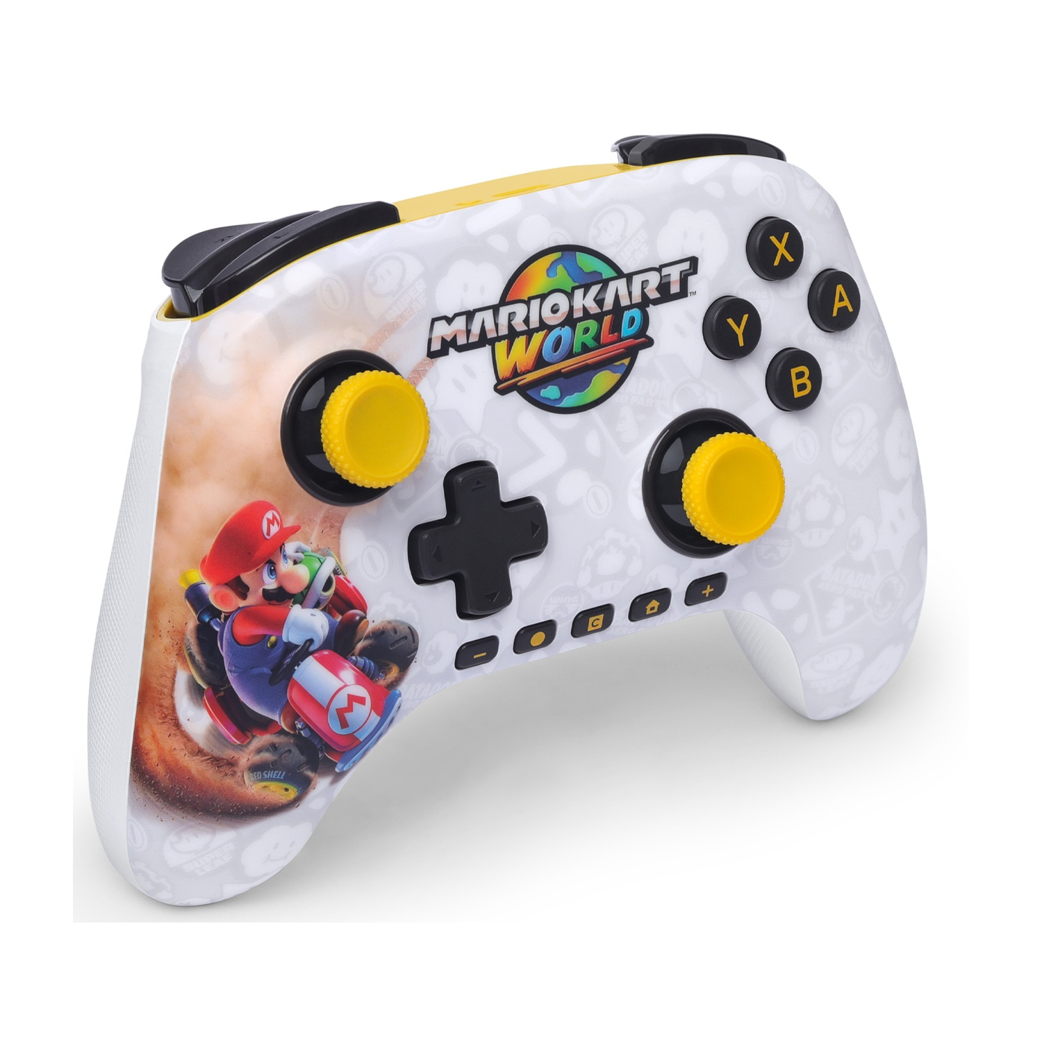 Un controller bianco con design Mario Kart World con Mario sul suo kart.