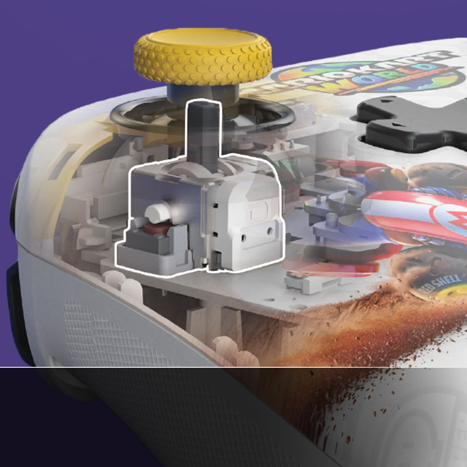 Un controller trasparente con joystick giallo e meccanismi interni.