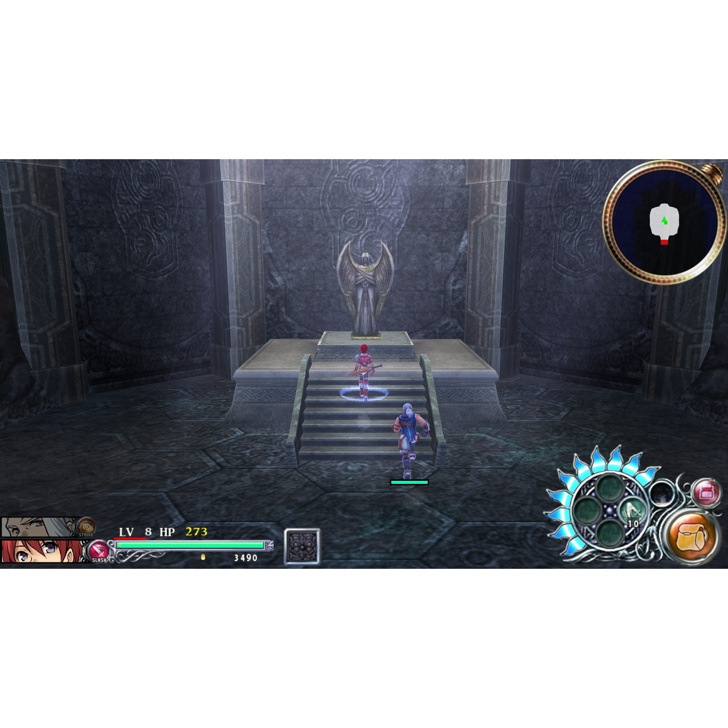Twee personages in een kamer met een standbeeld en game HUD.