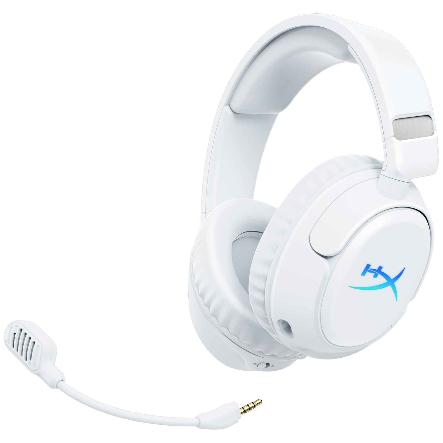 Casque blanc avec microphone et logo bleu sur fond blanc.