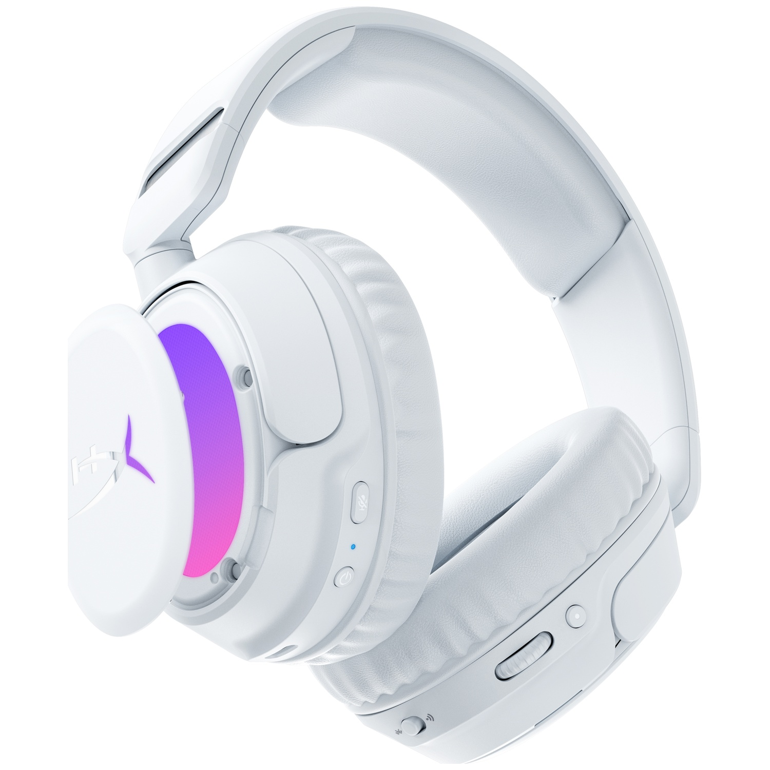 Casque blanc avec éclairage RVB dans l'oreillette et logo argenté.