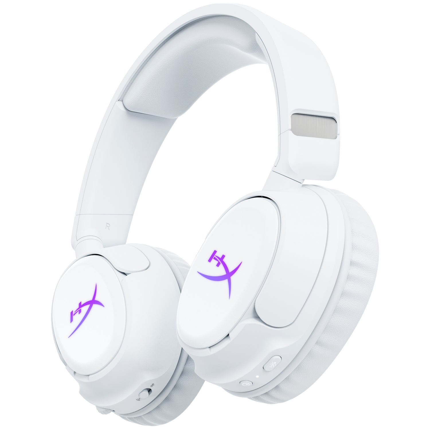 Casque blanc supra-auriculaire avec logo violet et accents argentés.