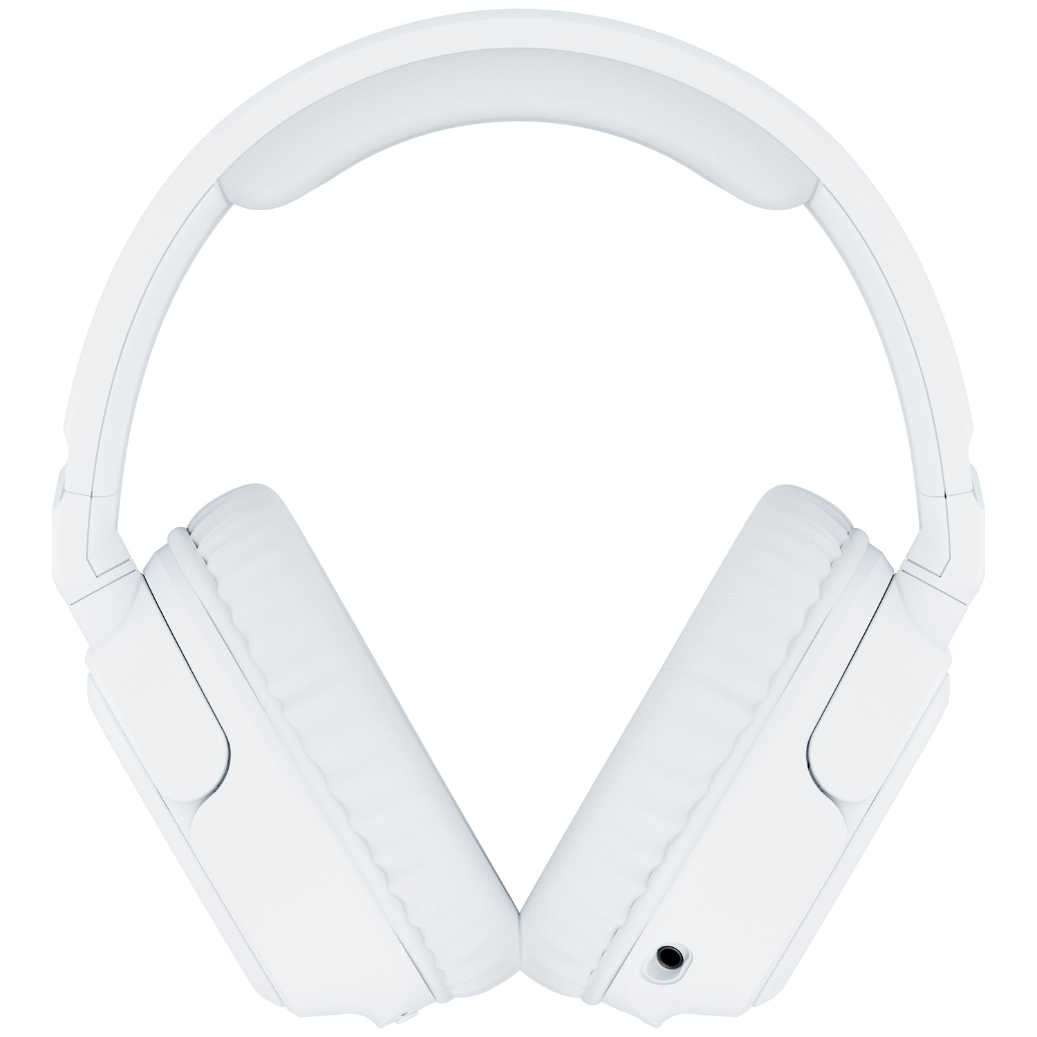 Casque blanc avec arceau rembourré et coussinets.