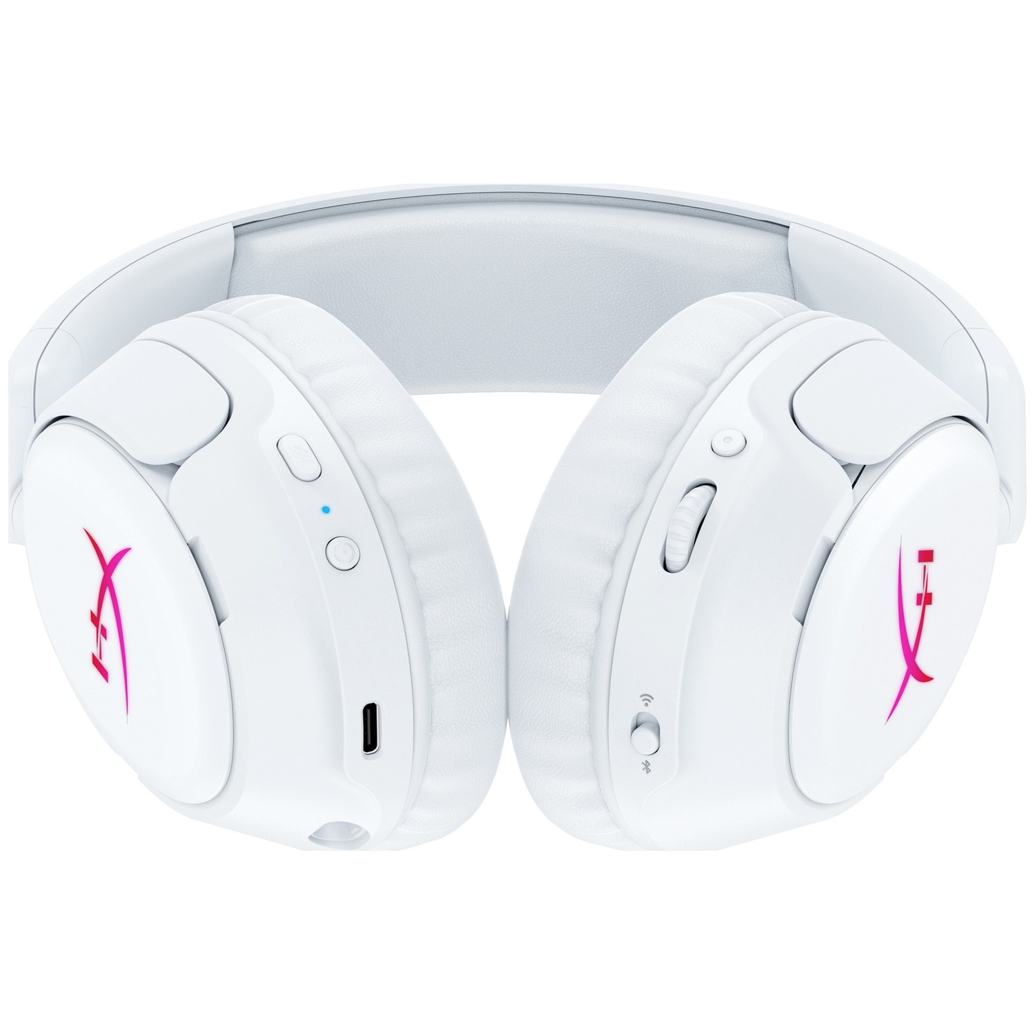 Casque blanc supra-auriculaire avec logo rose et commandes.