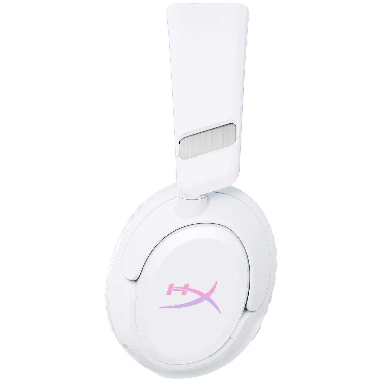 Un casque blanc avec un logo violet/rose sur le cache-oreille.