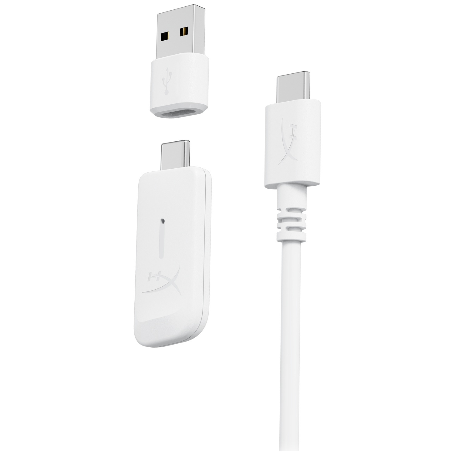 Un adaptateur USB-C blanc et un câble USB avec logo HyperX.