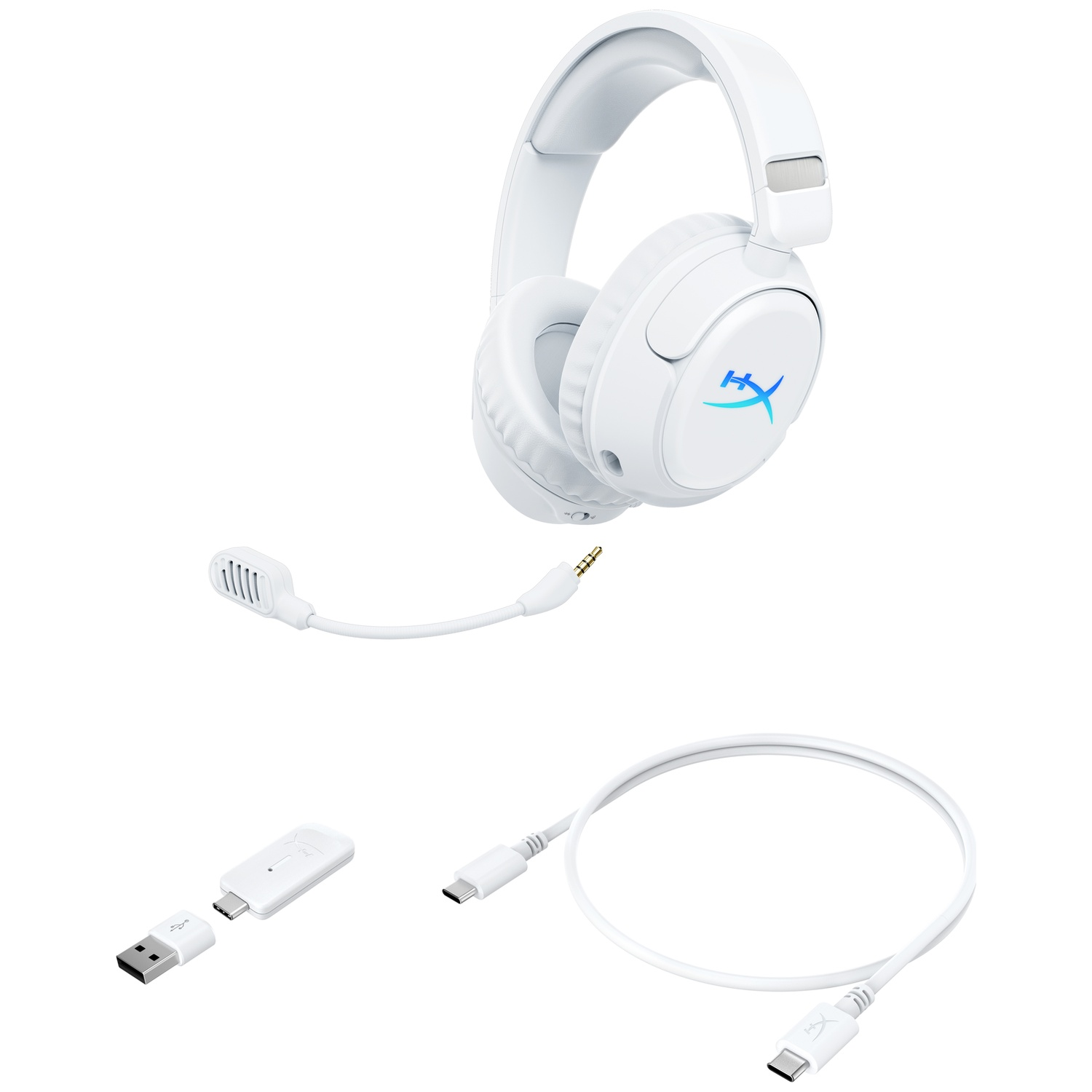 Casque blanc avec microphone, adaptateur USB et câble USB-C.
