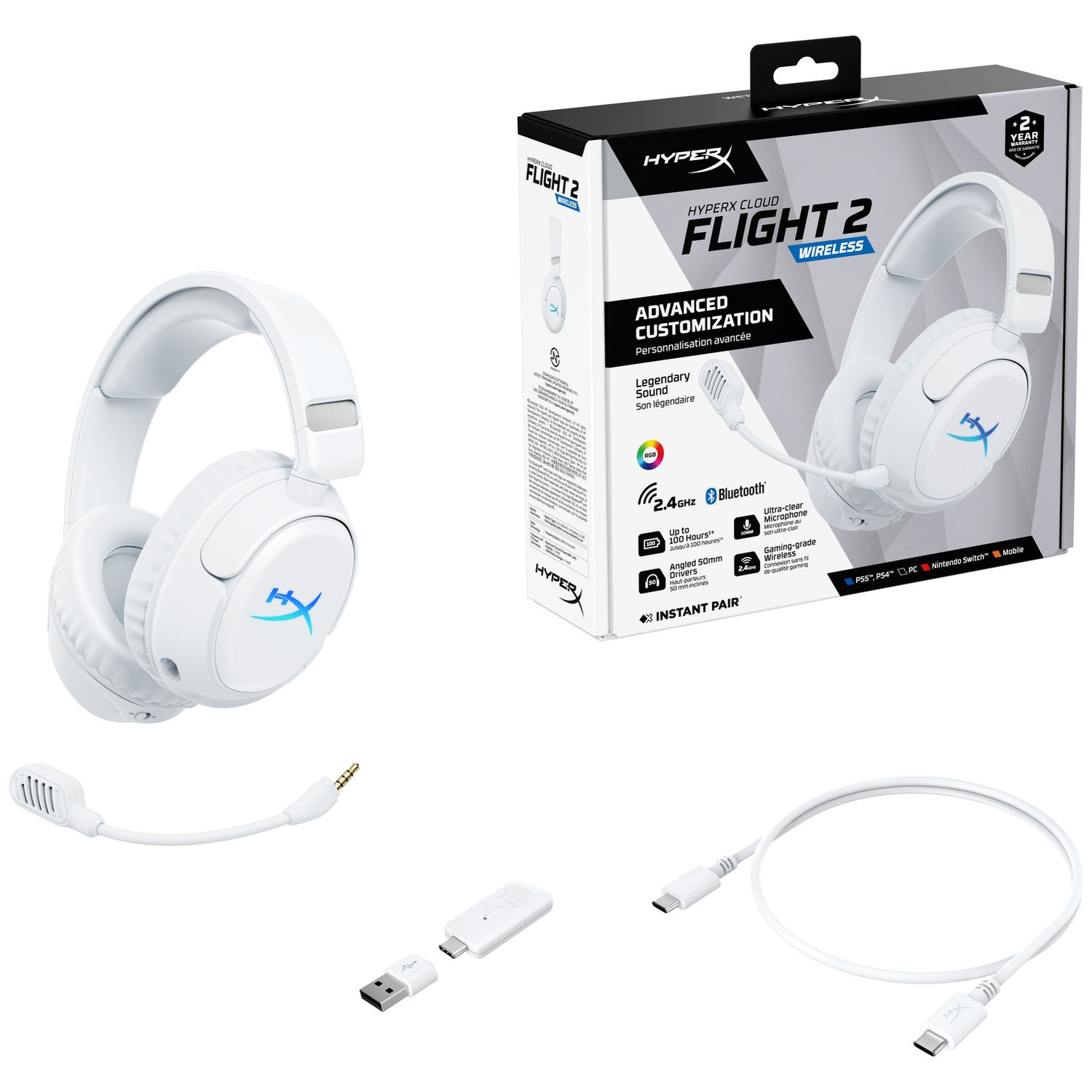 Casque gamer sans fil blanc avec micro, dongle et câble de chargement.