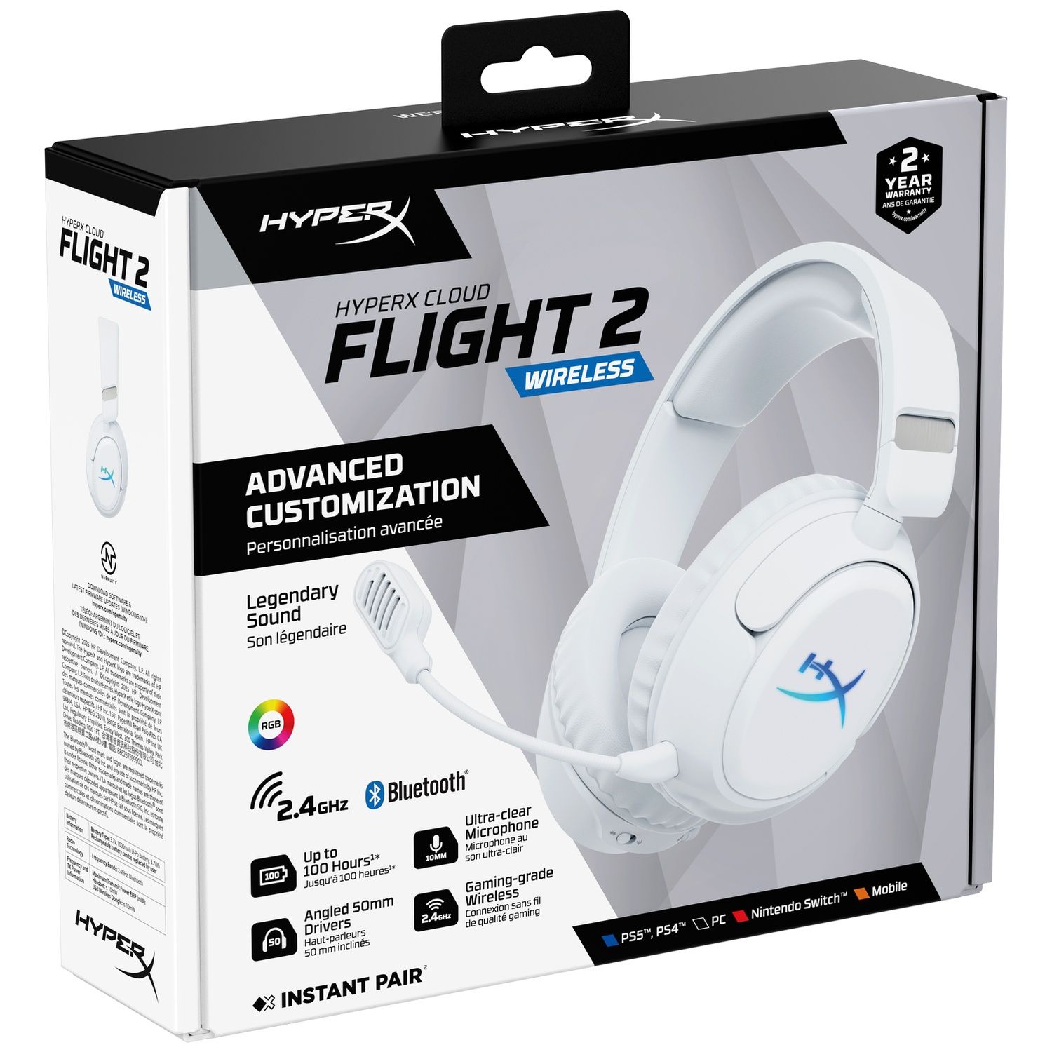 Emballage d'un casque sans fil HyperX Cloud Flight 2 blanc, montrant les caractéristiques.