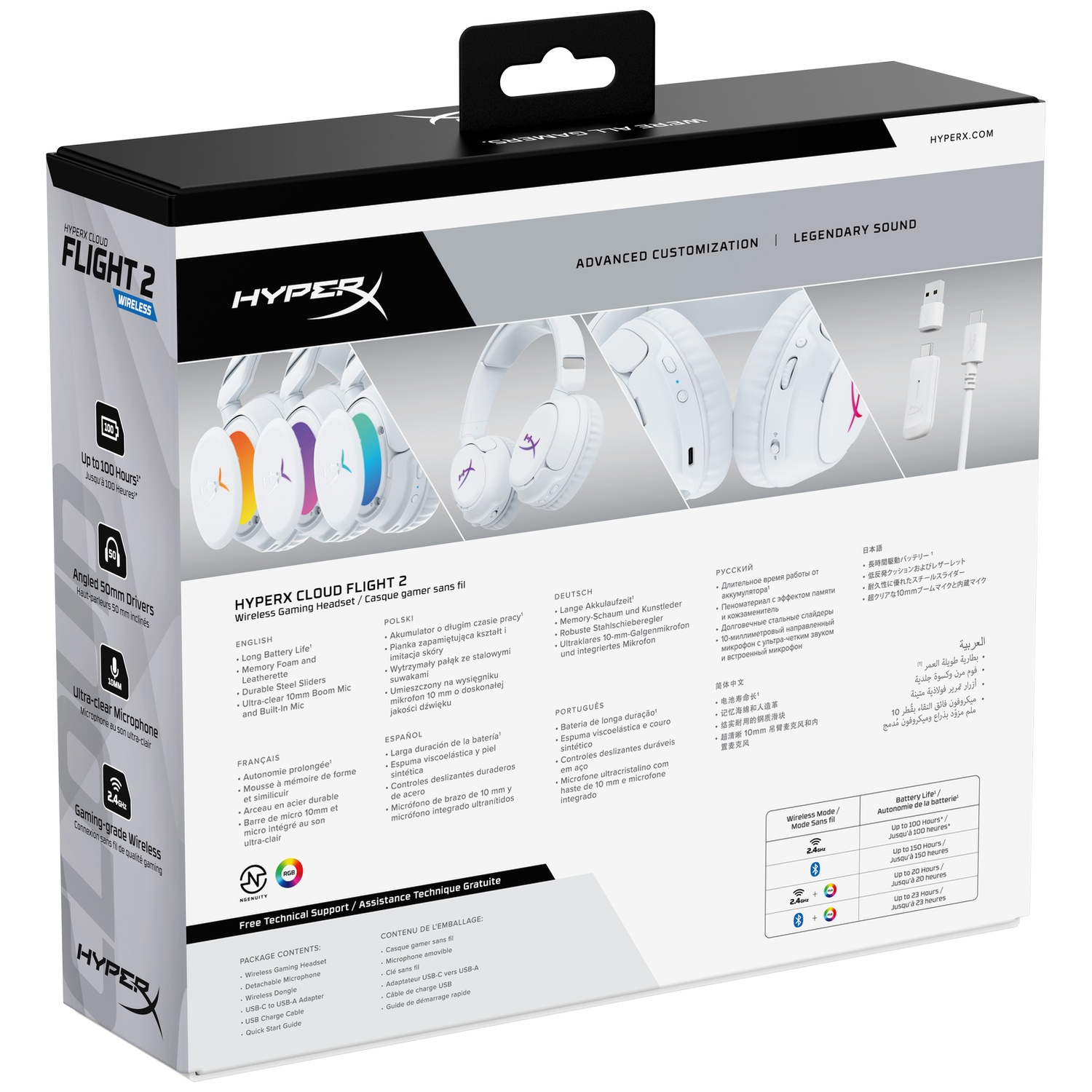Emballage du casque gamer sans fil HyperX Cloud Flight 2, montrant plusieurs options.