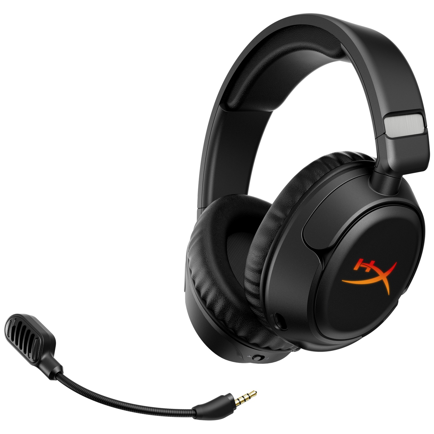 Casque circum-aural noir avec microphone et logo lumineux.