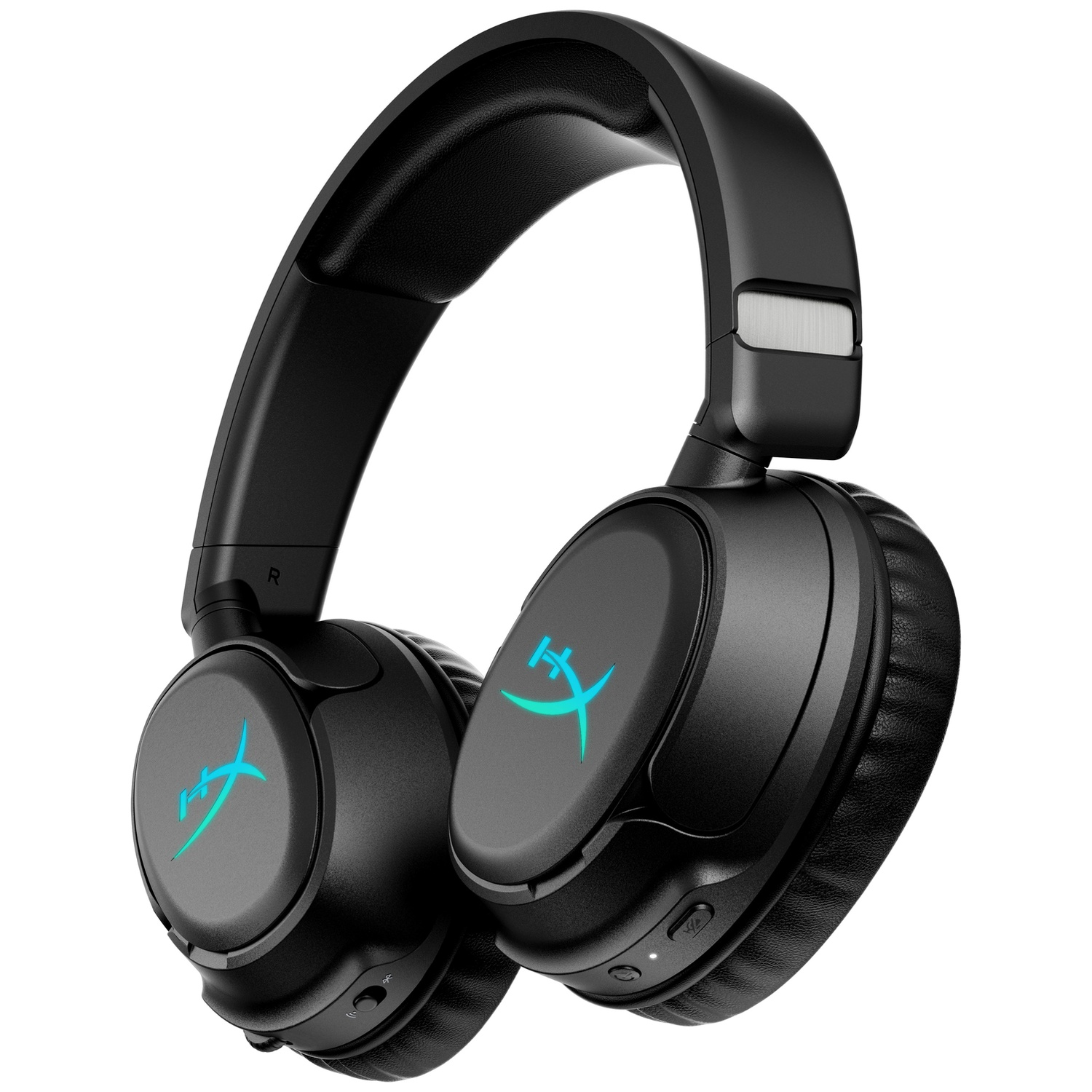 Casque noir avec logos bleus lumineux sur les deux oreillettes.