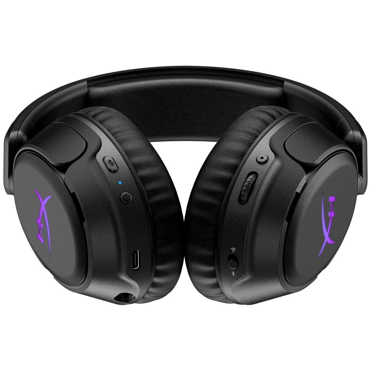 Casque sans fil noir avec logo violet et boutons.