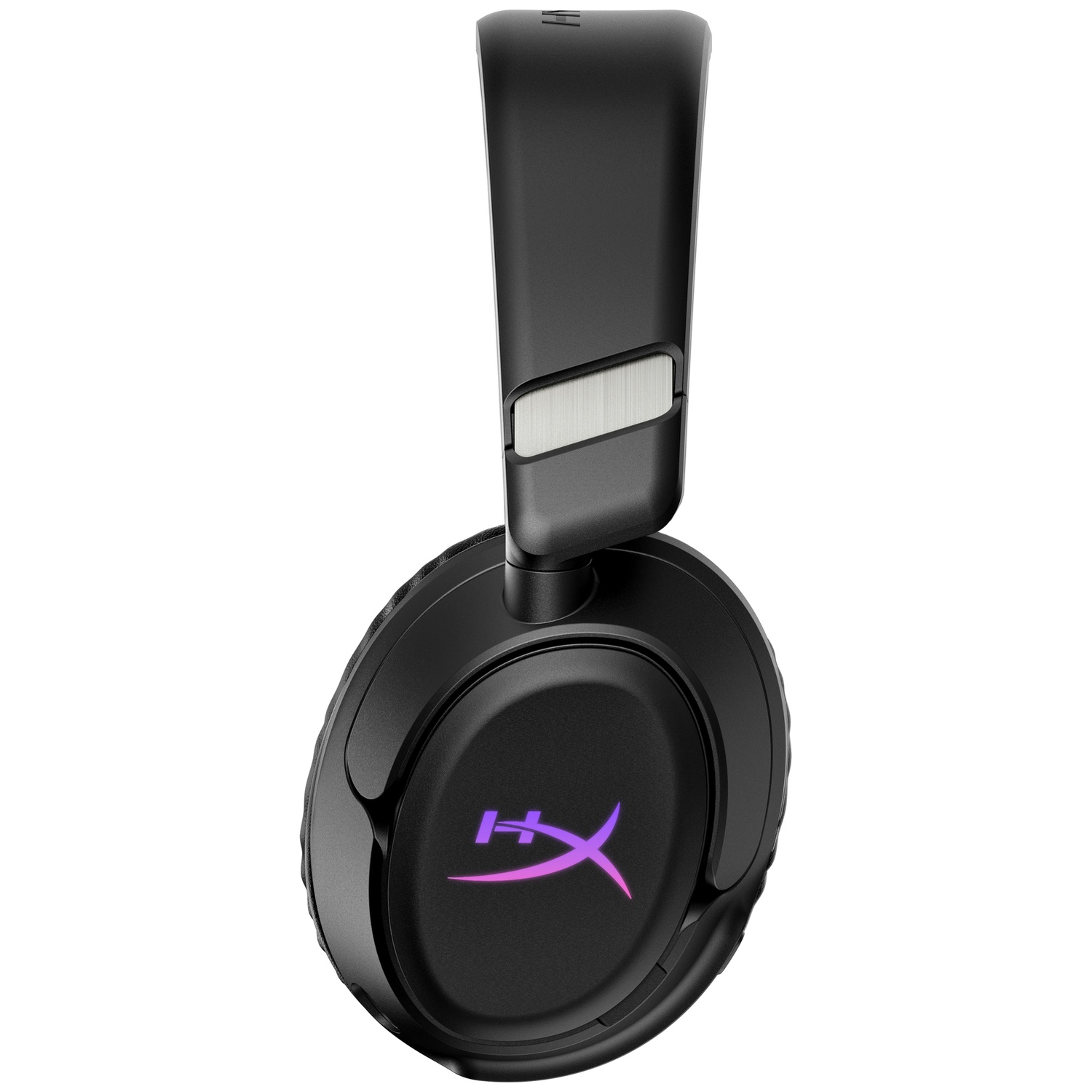 Casque noir avec logo violet sur fond blanc.
