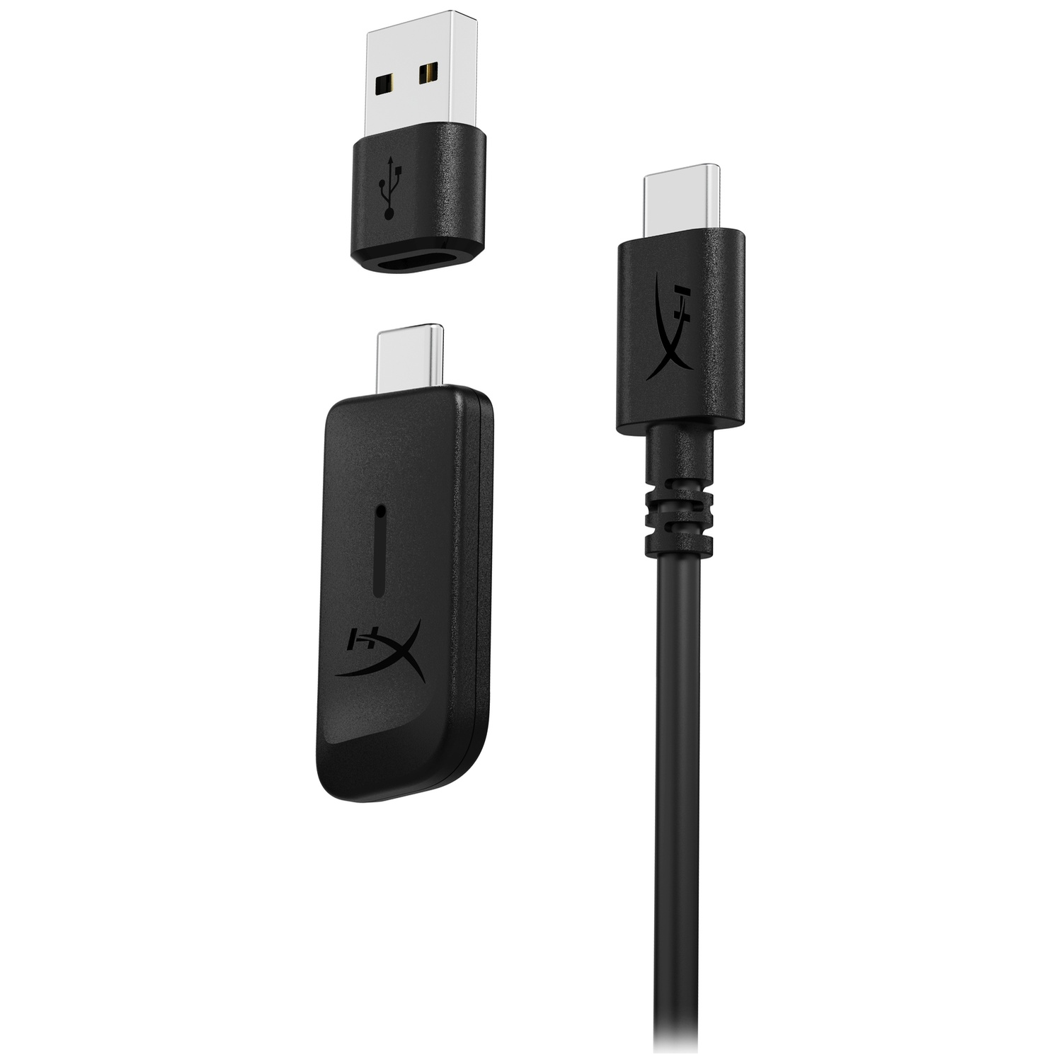 Trois adaptateurs et câbles USB-C et USB-A noirs sur fond blanc.