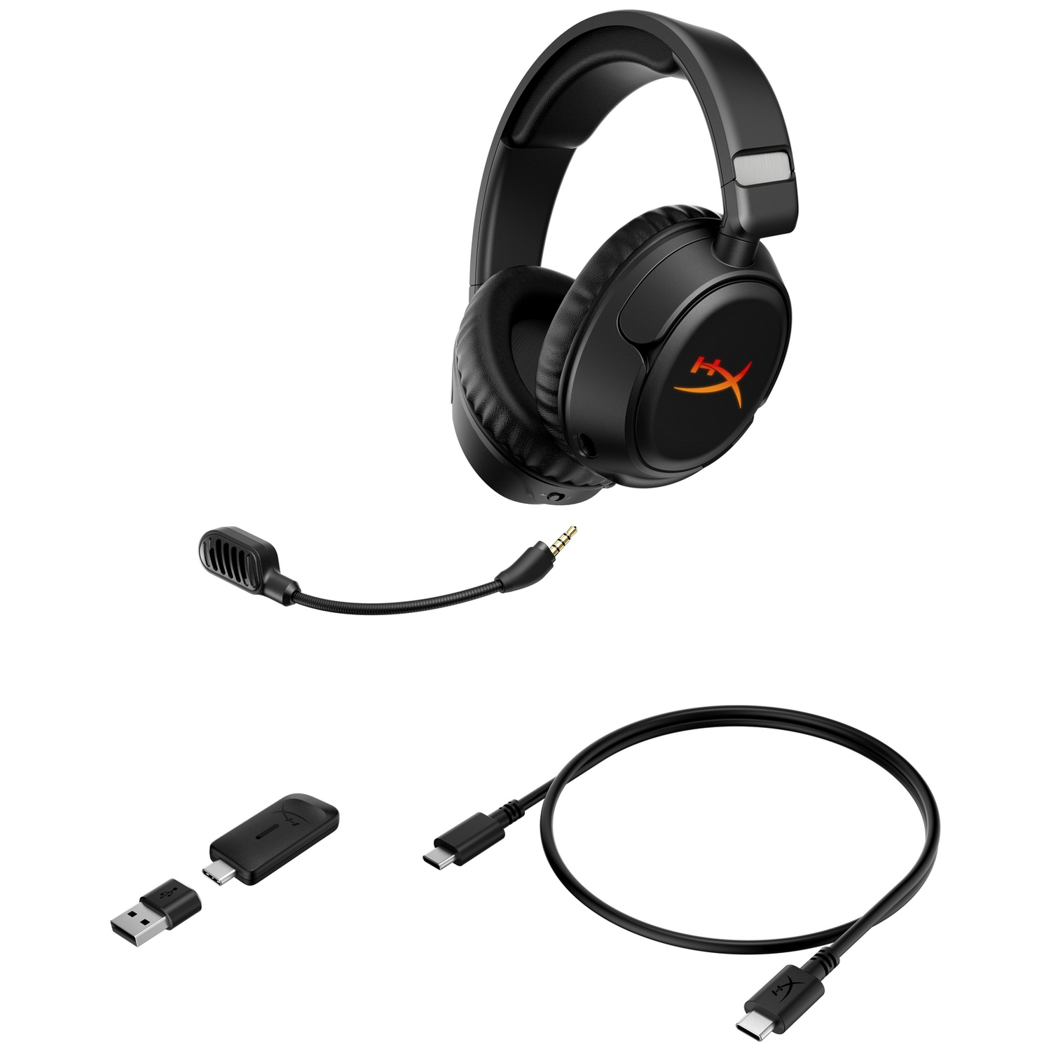 Casque noir avec microphone, adaptateur USB et câble de chargement sur fond blanc.