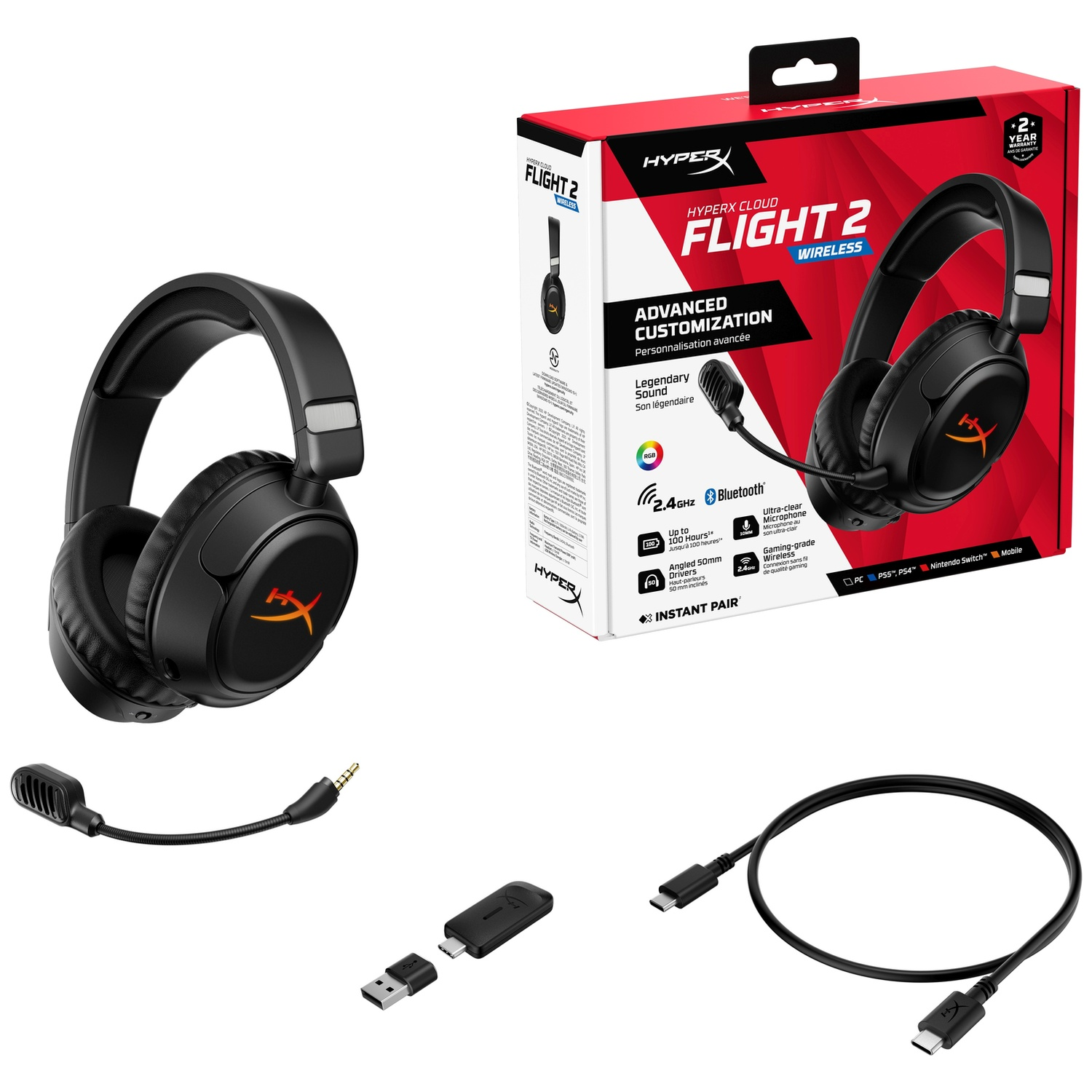 Casque sans fil HyperX Cloud Flight 2 noir avec accessoires et emballage.