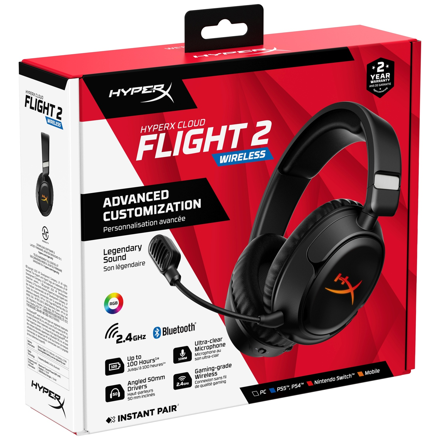 Casque gaming sans fil HyperX Cloud Flight 2 noir sur emballage rouge et noir.