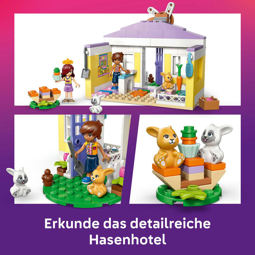 Lego-Set mit Hasenhotel, Figuren und Zubehör.