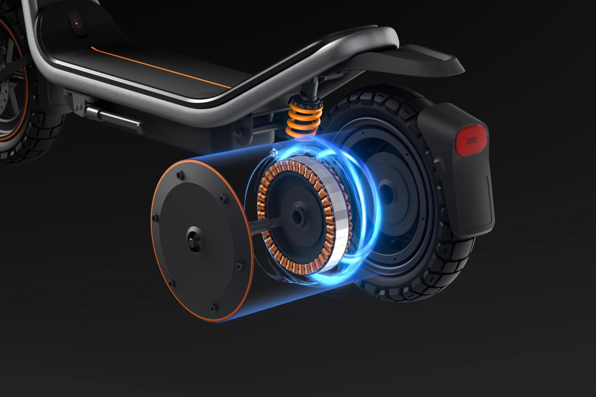 Detailansicht eines E-Scooter-Motors mit Kupferwicklungen und blauen Energiewirbeln.