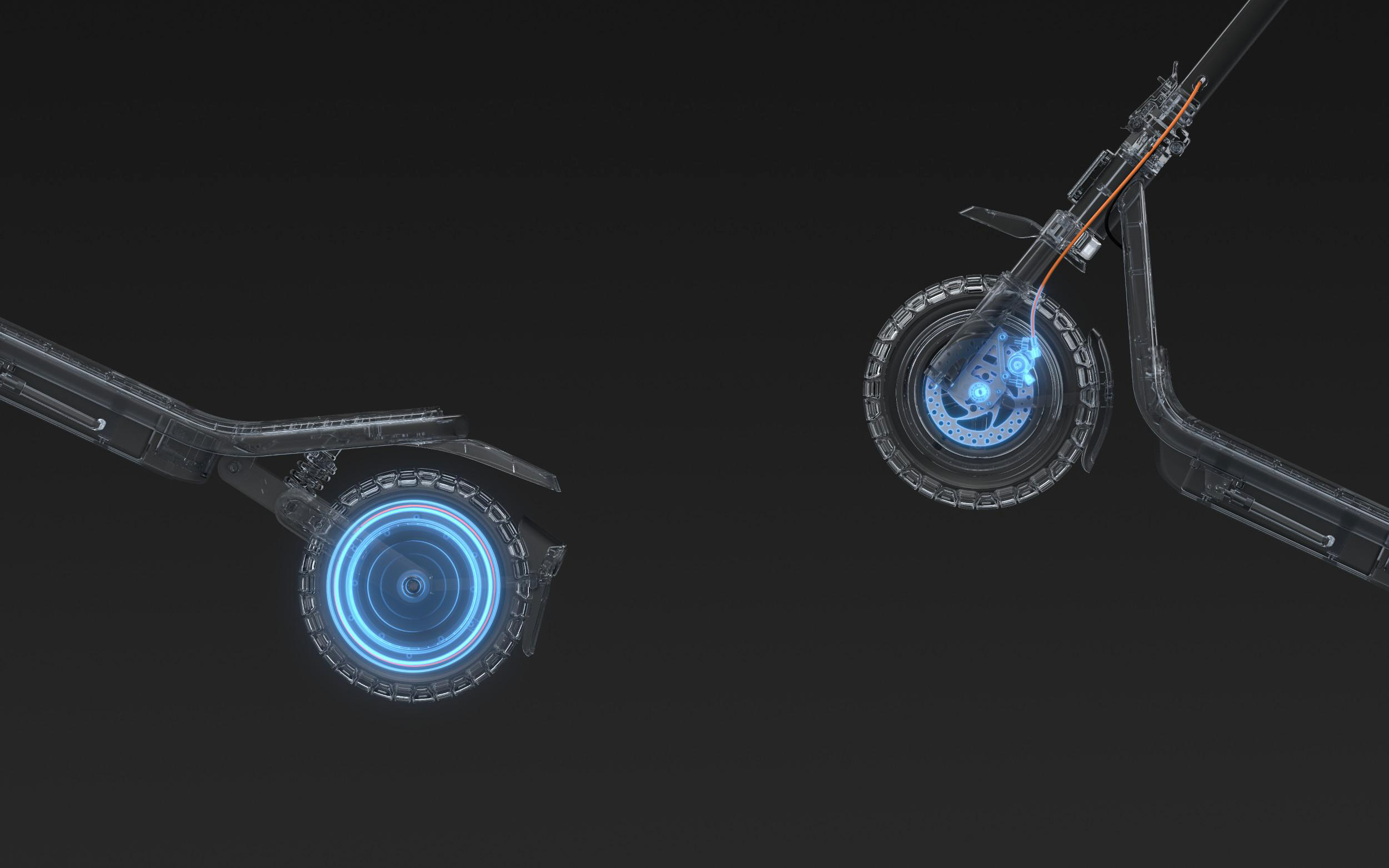 Detailansicht eines transparenten Rollers mit leuchtenden blauen Komponenten.