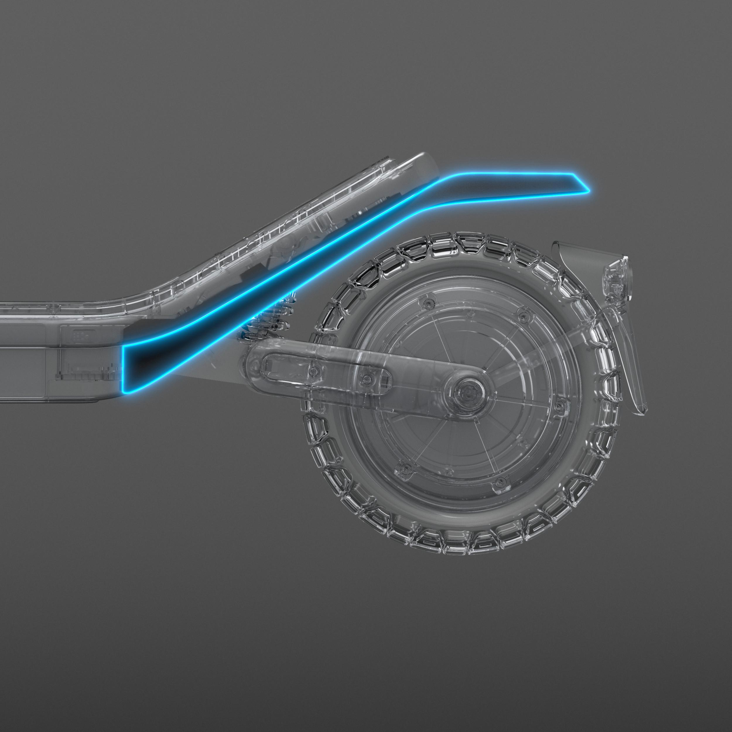 Transparenter E-Scooter-Hinterbau mit blau beleuchteter Kante und Rad.