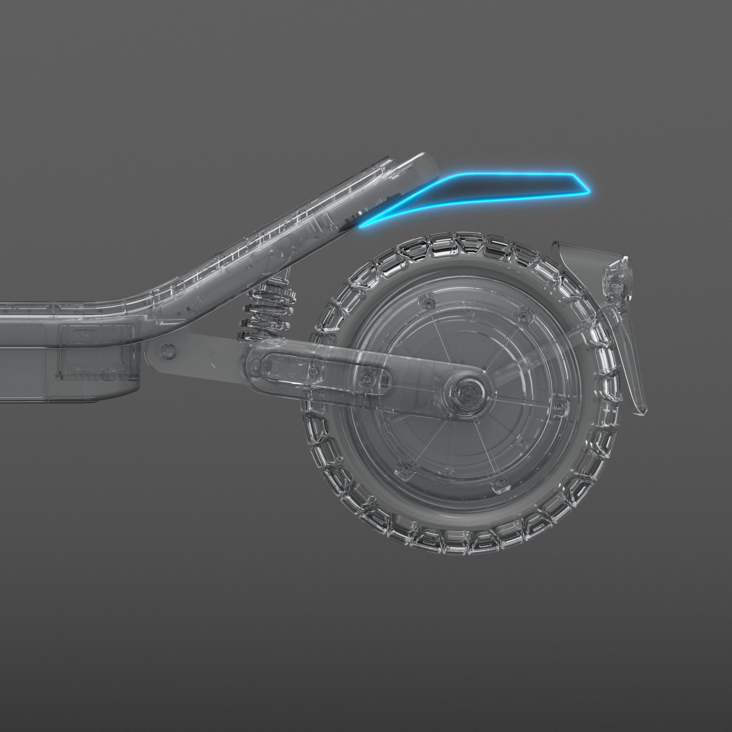 Transparente E-Scooter-Teile mit blauer Umrandung über dem Rad.