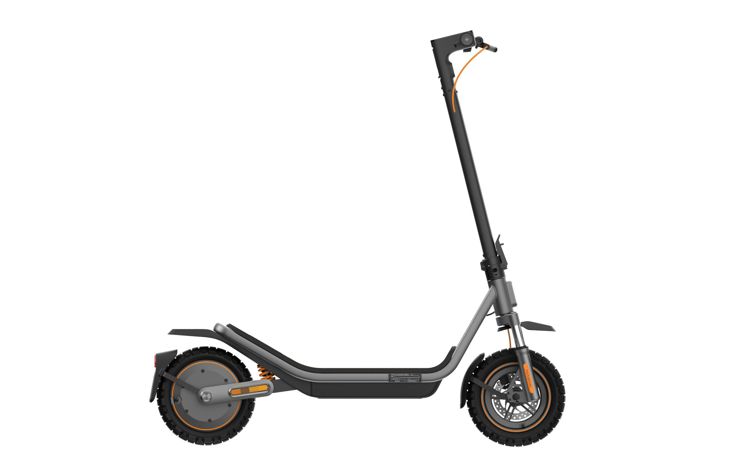 Grauer Elektroroller mit schwarzen Reifen und orangefarbenen Akzenten.