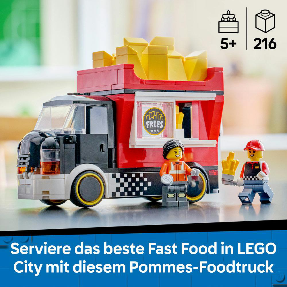 Ein LEGO-Pommes-Foodtruck mit zwei Minifiguren und gelben Pommes. Alter 5+, 216 Teile.