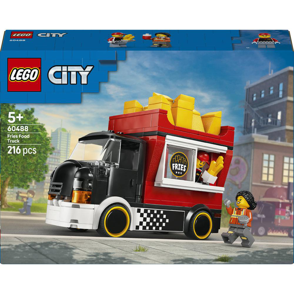 Ein LEGO City Pommes-Truck mit Figuren und Spielzeug-Pommes.