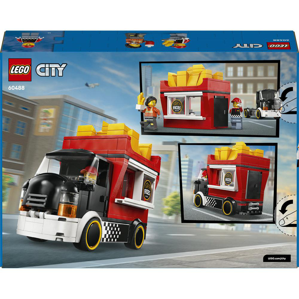 Lego City Pommes-LKW mit Minifiguren und Imbissstand in städtischer Umgebung.