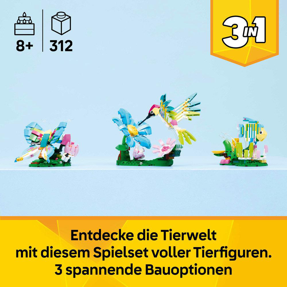 Drei bunte LEGO-Tierfiguren: Kolibri, Schmetterling und Fisch.