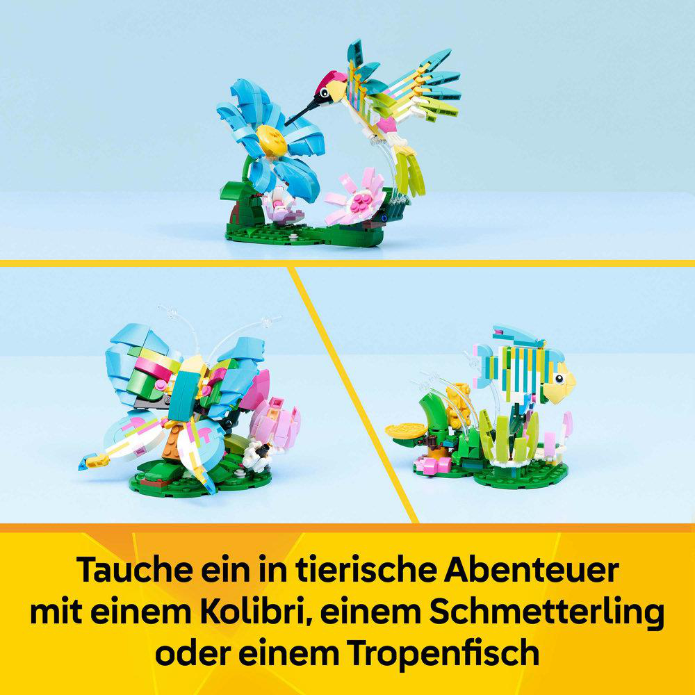 Bunte Lego-Modelle von Kolibri, Schmetterling und Fisch mit Blumen.