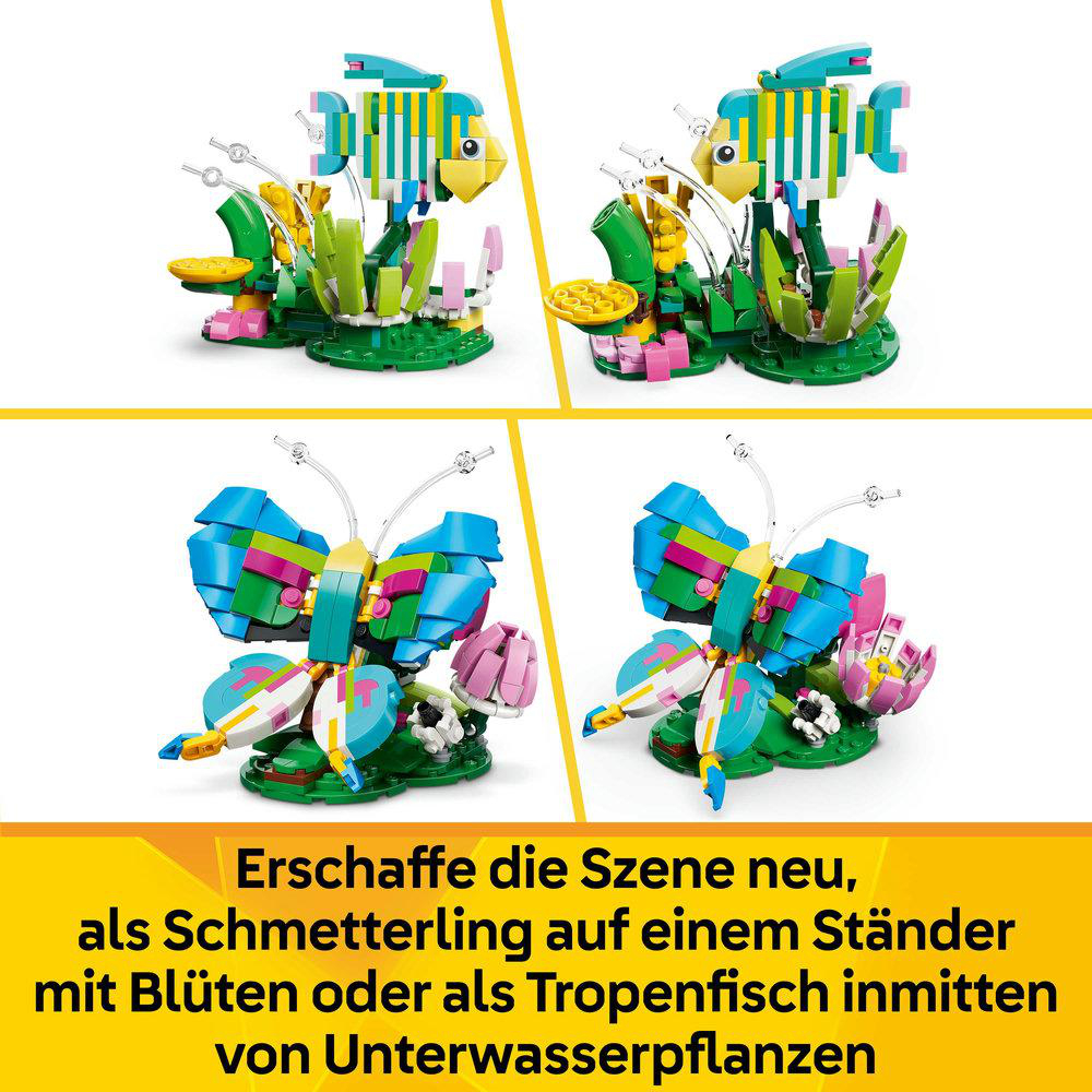 LEGO-Bauten eines bunten Fisches und Schmetterlings mit Pflanzen. Als Schmetterling oder Fisch neu aufbauen.