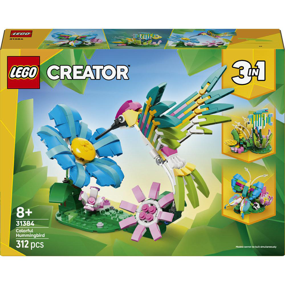 LEGO Creator Baukasten: Kolibri und Blumen in bunten Farben.