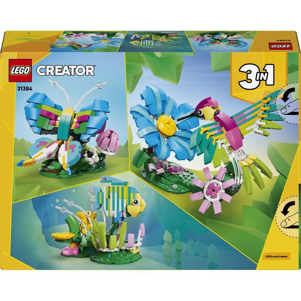 LEGO Creator 3-in-1-Set mit Schmetterling, Vogel und Fisch aus bunten Bausteinen.