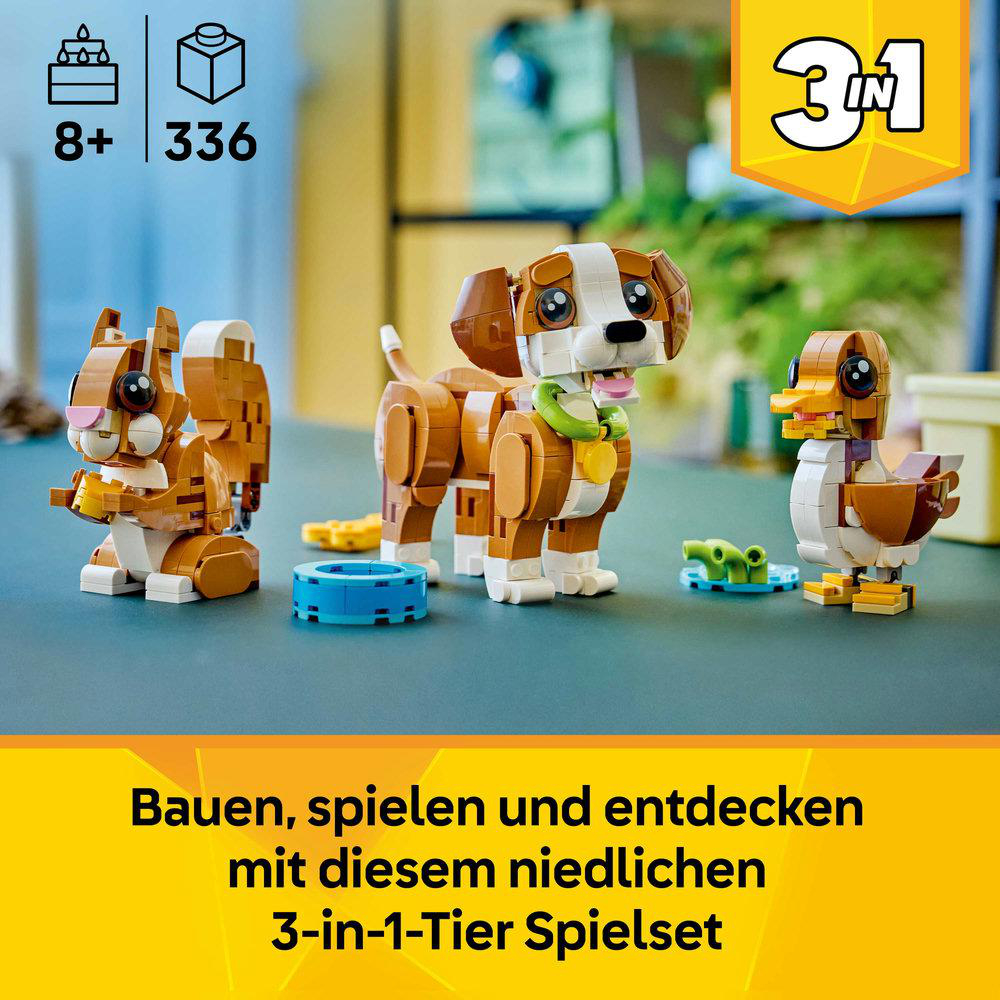 Bauset mit Hund, Eichhörnchen und Ente. 3-in-1 Set, ab 8 Jahren.
